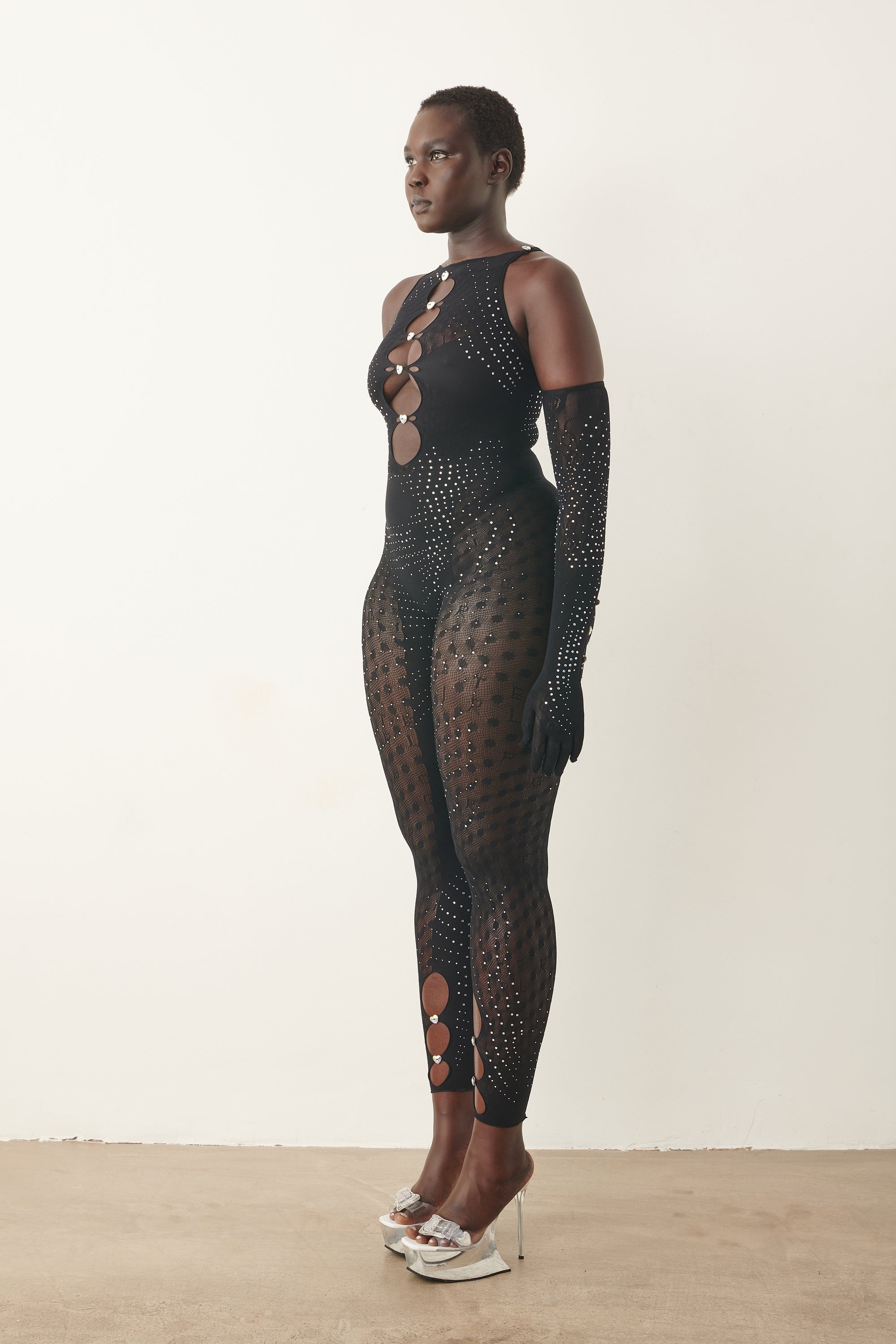 RHINESTONED JANICE JUMPSUIT X GLOVES SET JET BLACK - 5
