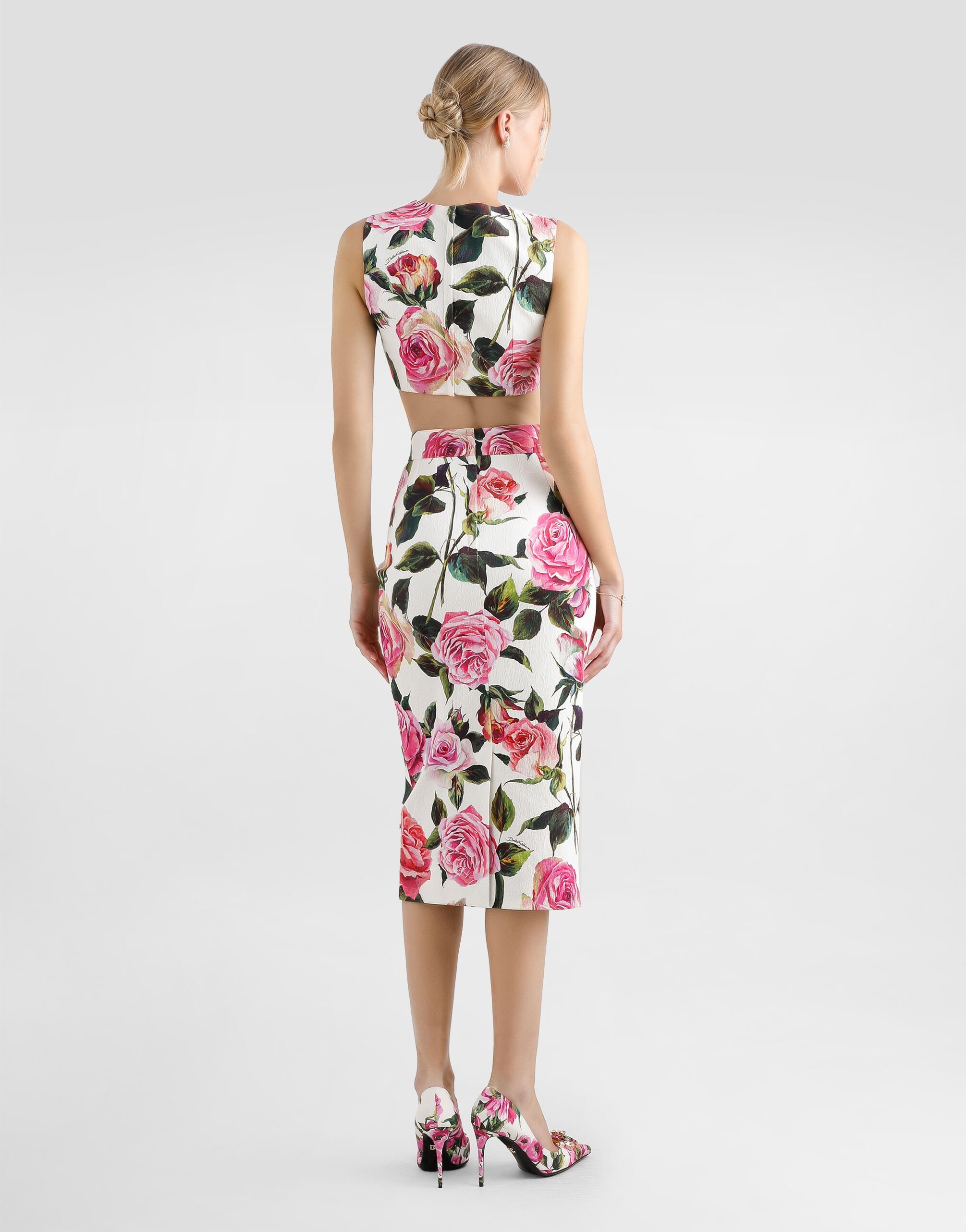 Cotton jacquard crop top with rose print - 3