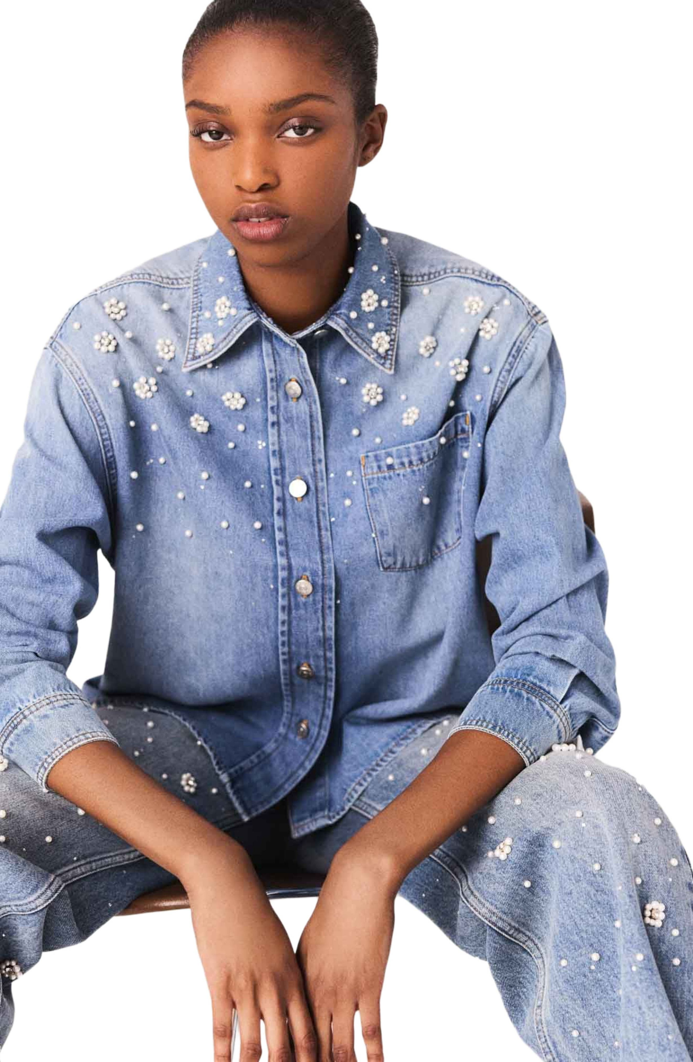 maje Denim shirt with embroidered beads in Blue at Nordstrom - 5