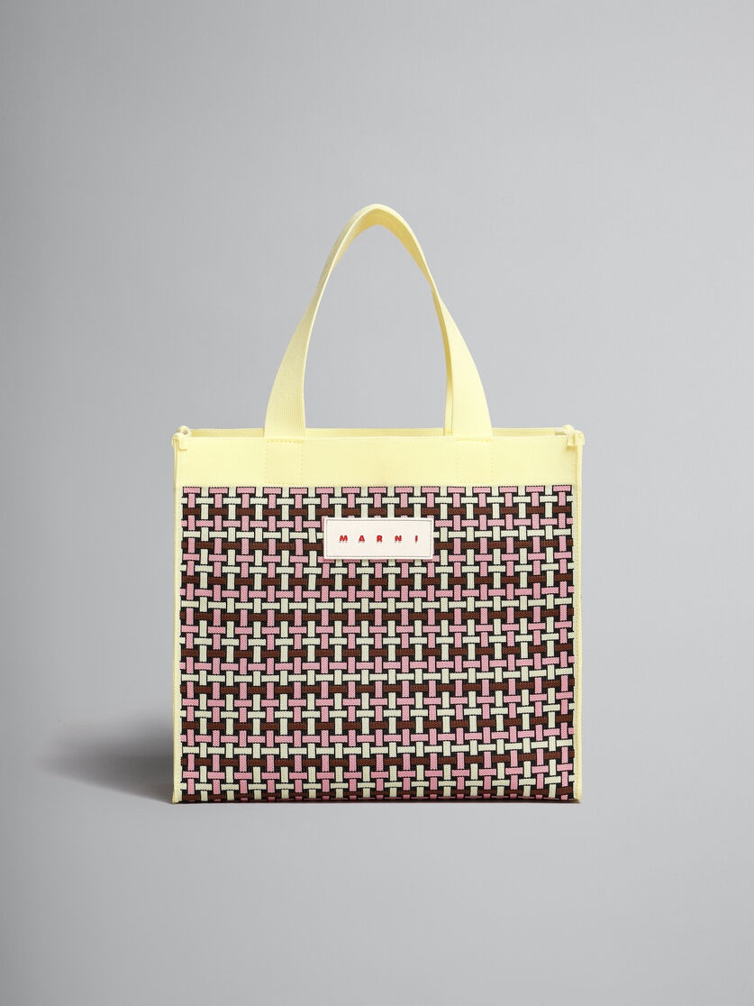 LIGHT YELLOW BROWN AND PINK JACQUARD SHOPPING BAG - 1