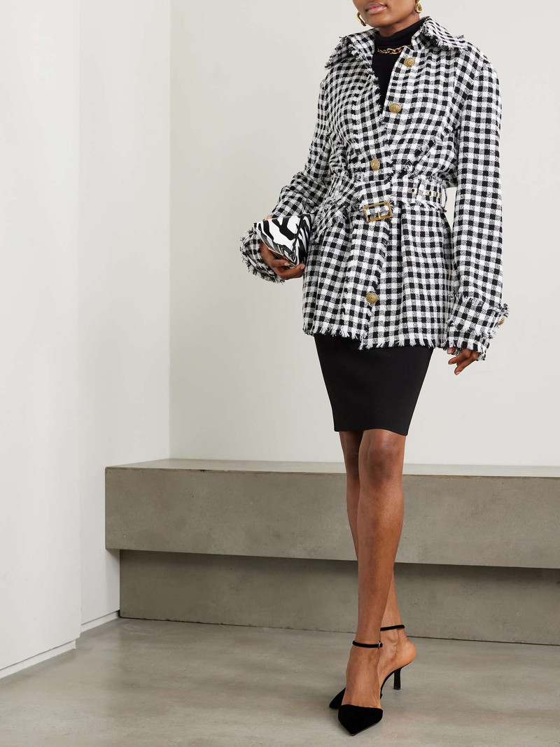 Balmain Belted frayed houndstooth cotton-blend tweed overshirt outlook