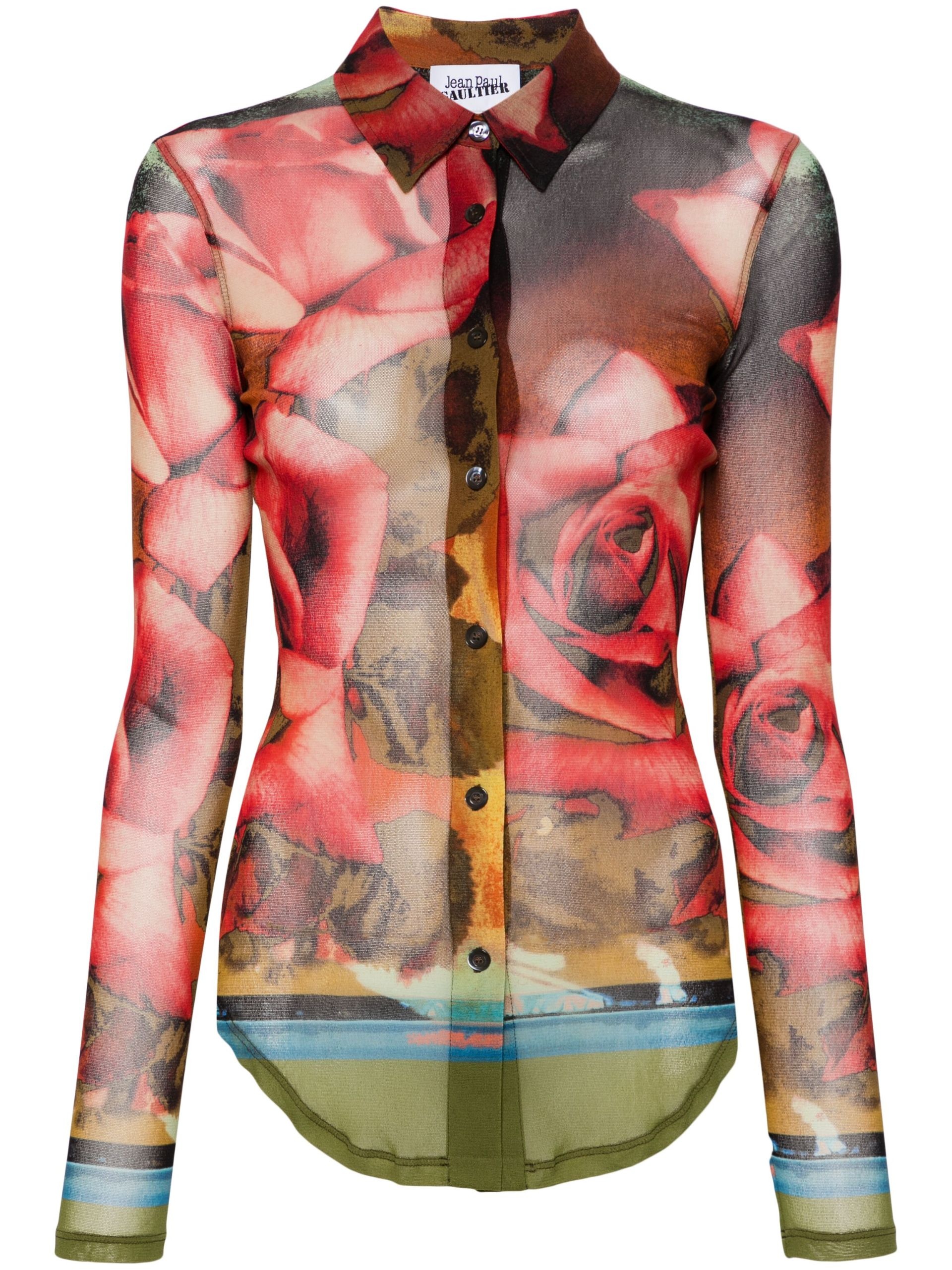 Red Rose-Print Mesh Shirt - 1