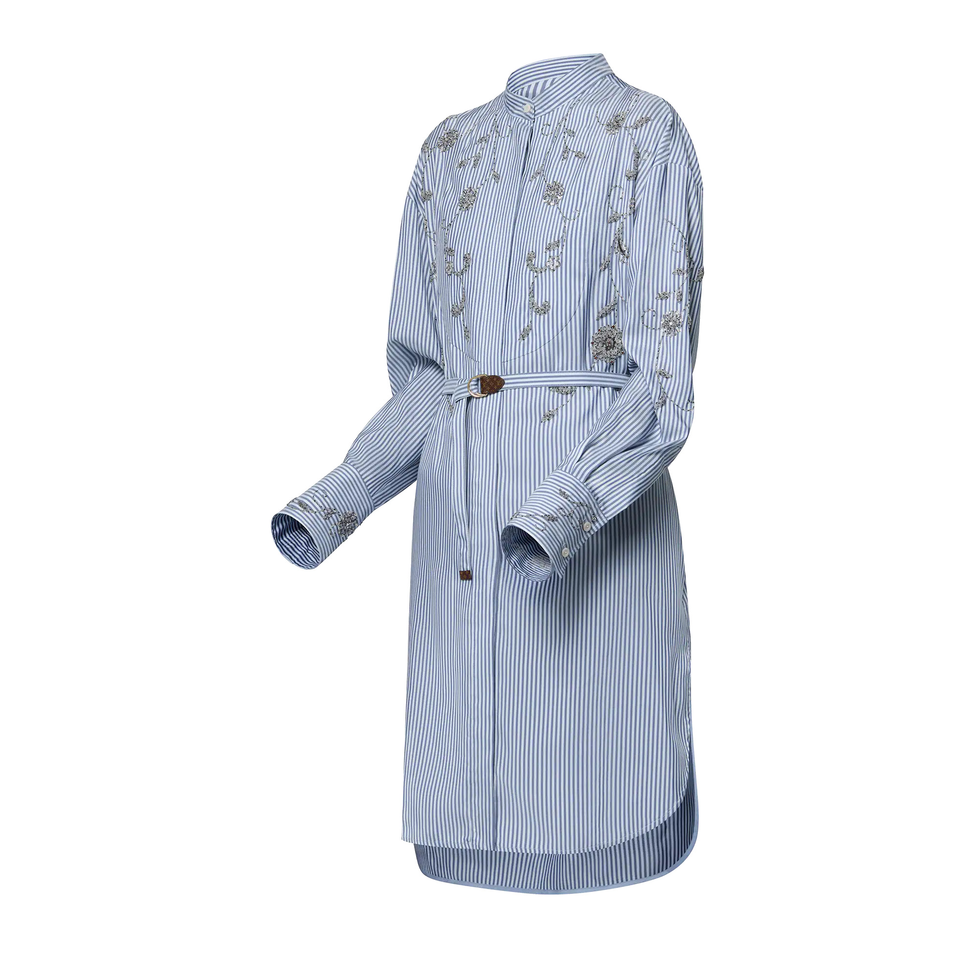 Bejeweled Floral Pinstripe Shirt Dress - 2