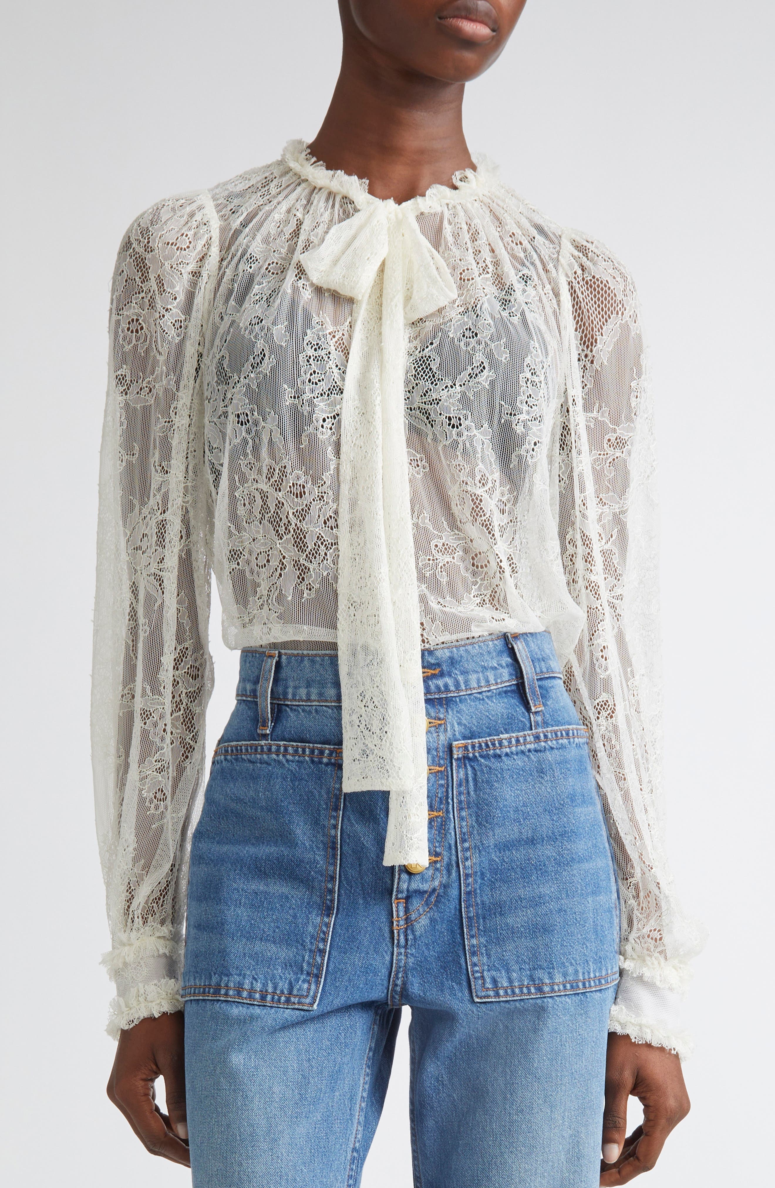 Ulla Johnson Iliana Pussybow Tie Sheer Cotton Lace Top in Pearl at Nordstrom - 5