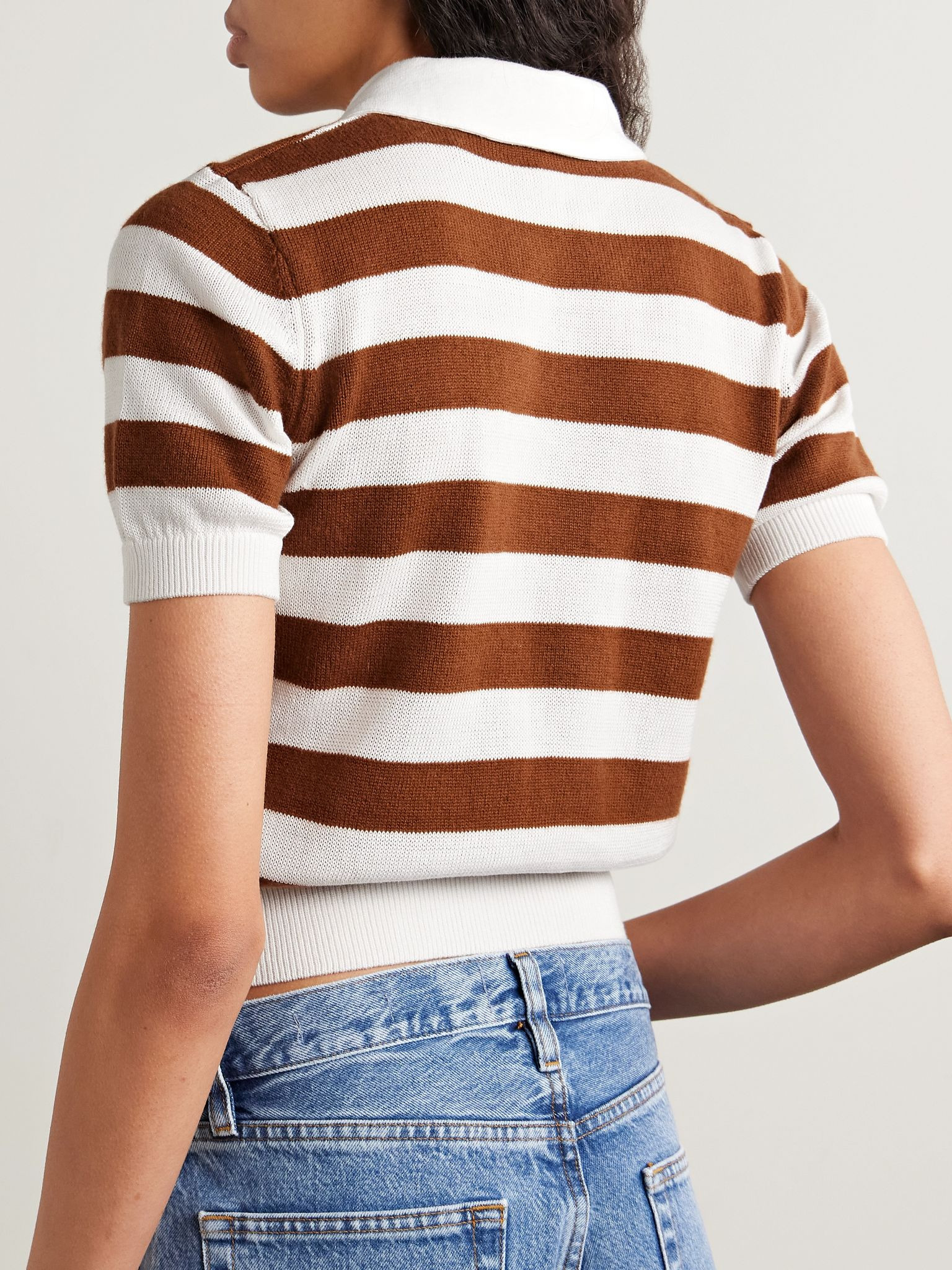 Striped cashmere and cotton-blend polo shirt Brown - 3