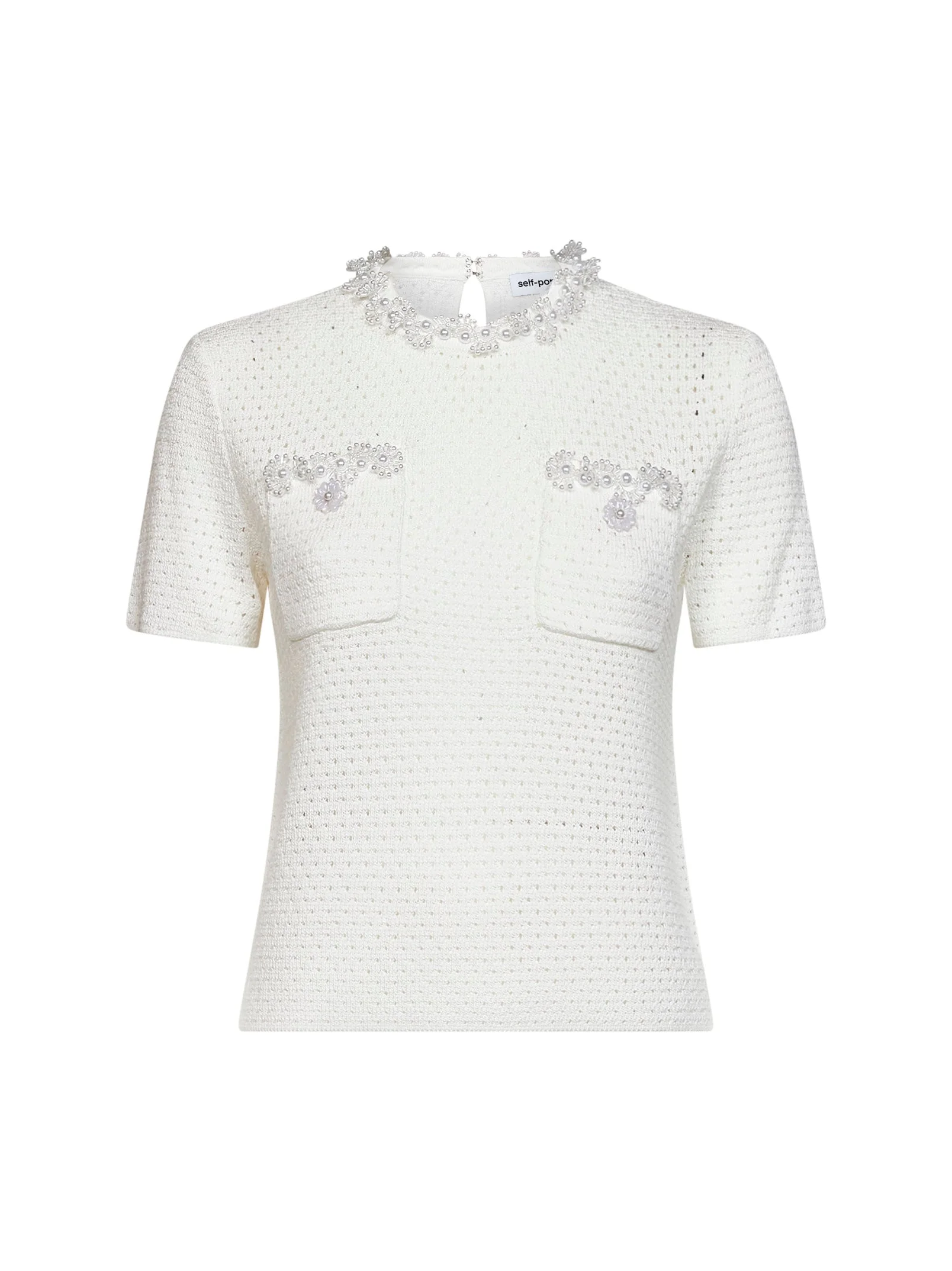 Cream openwork knit top with bead embroidery - 1