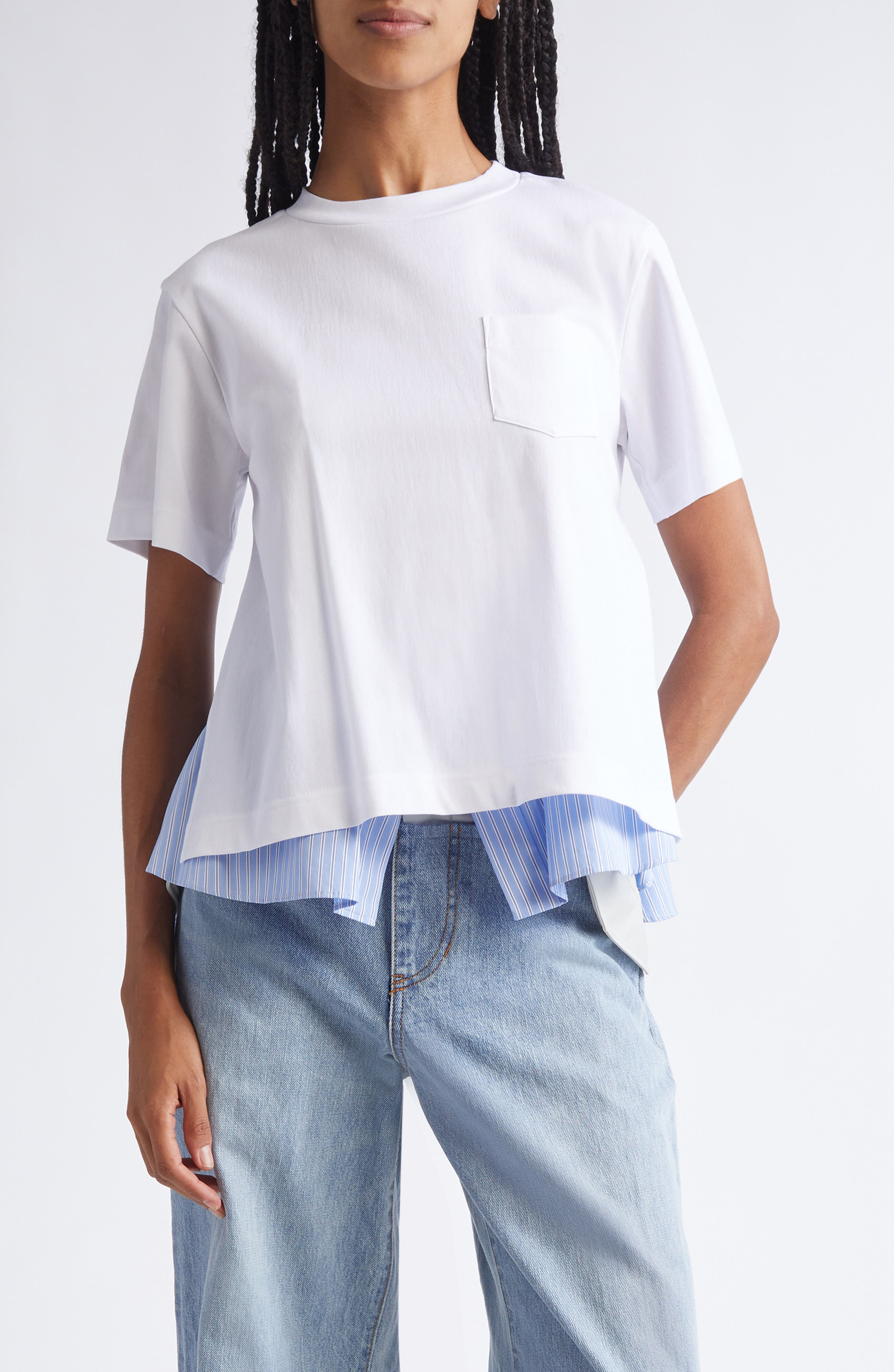 Sacai Mixed Media Jersey & Poplin Pocket T-Shirt in White/Light Blue Stripe at Nordstrom - 1