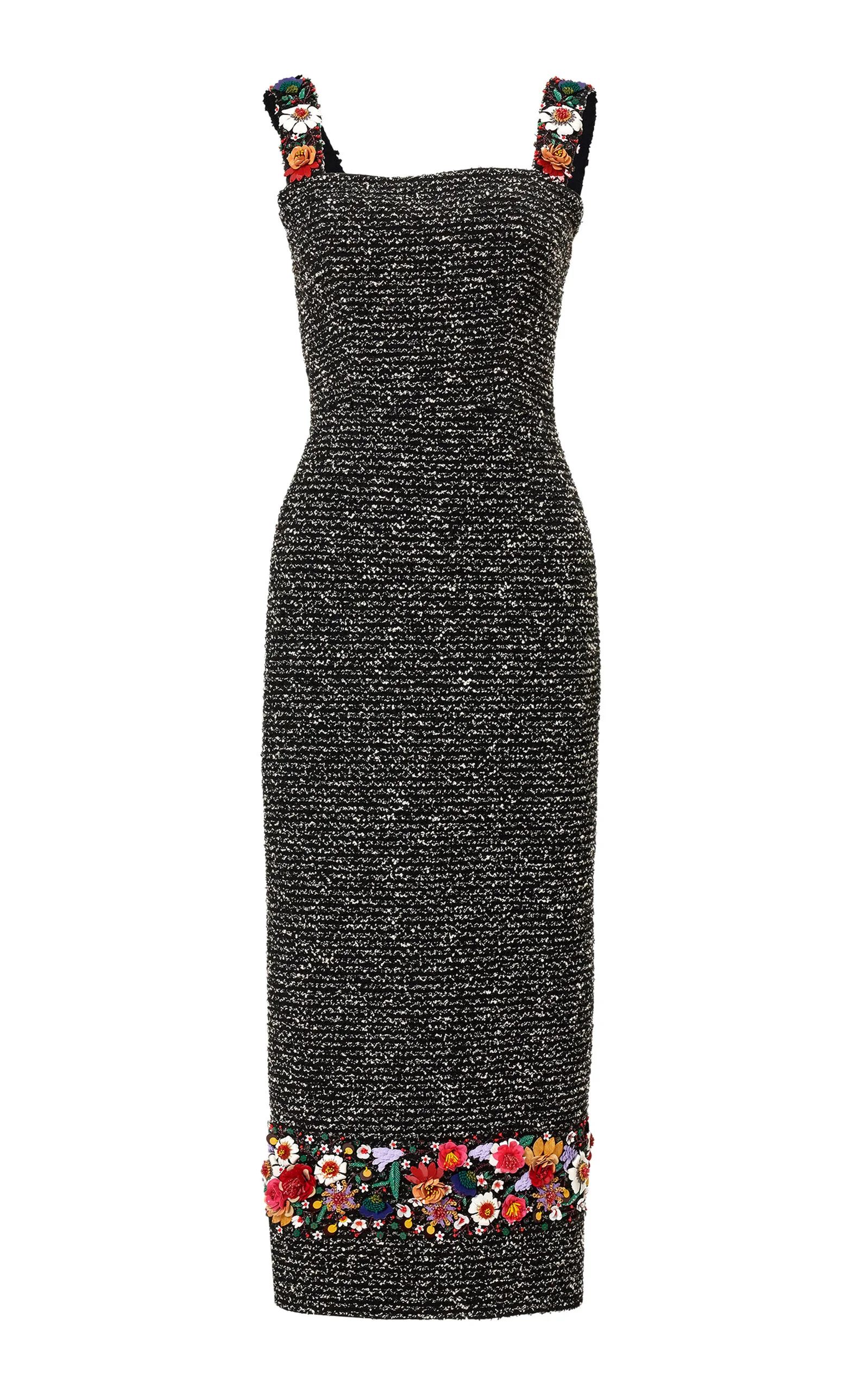 Embroidered Textured Tweed Ankle-Length Dress black/white - 1
