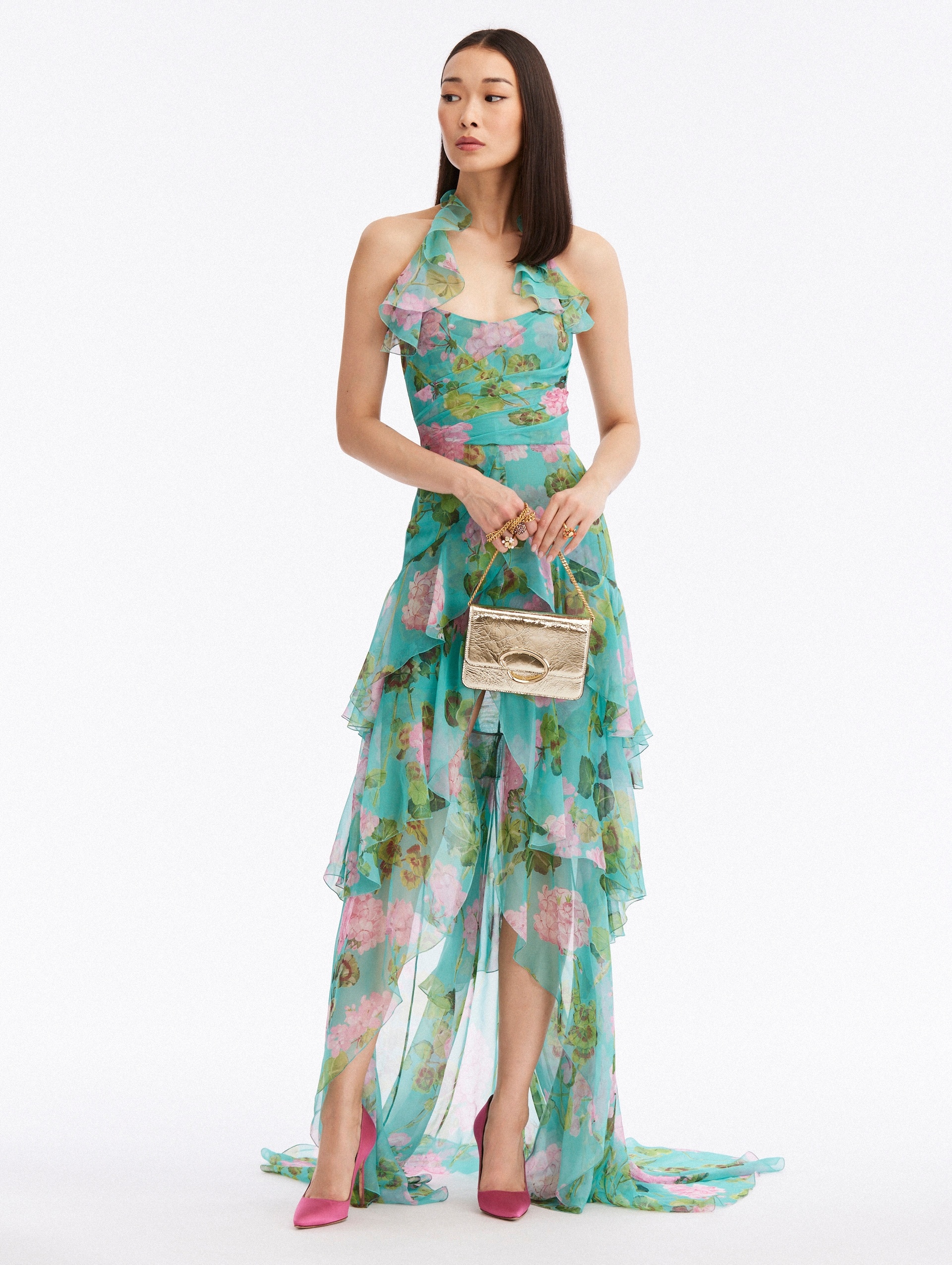 RUFFLE GERANIUM CHIFFON GOWN - 3
