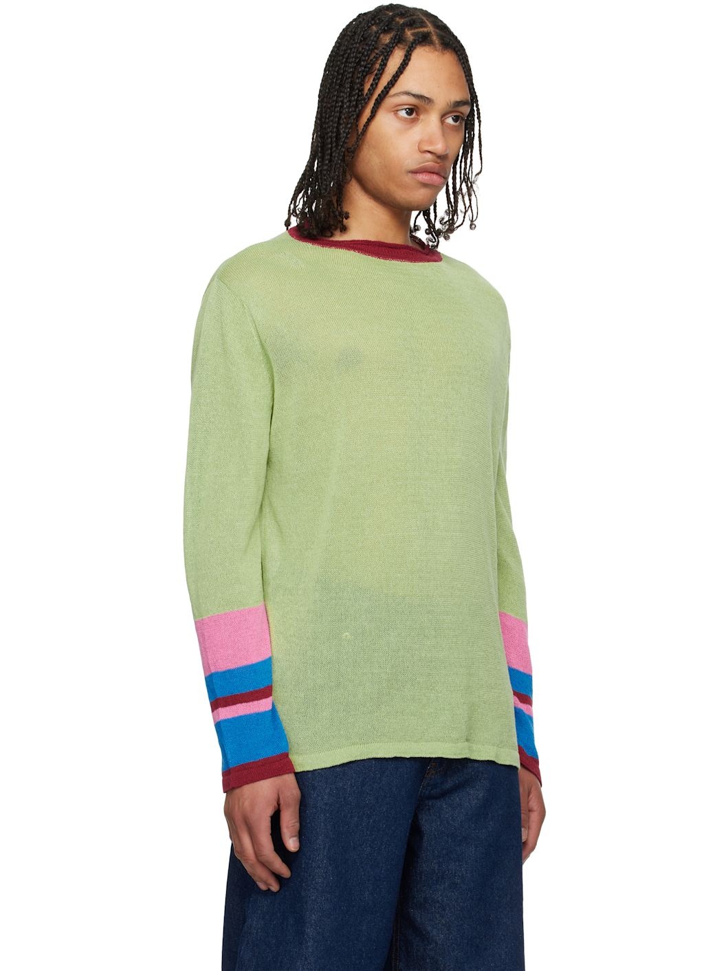 Green & Red Half Moon Linen Sweater - 2