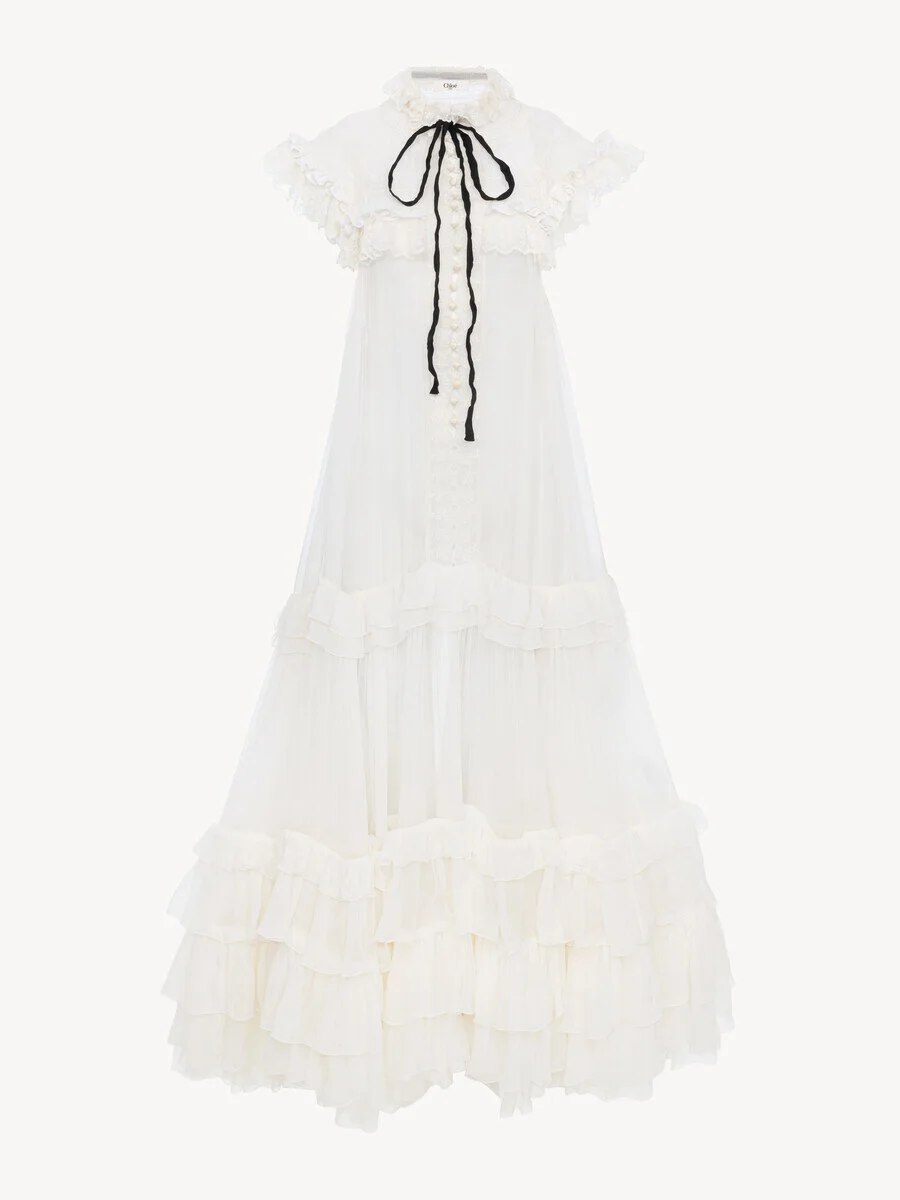 TIE-FRONT RUFFLED LONG DRESS IN SILK MOUSSELINE & LACE - 1