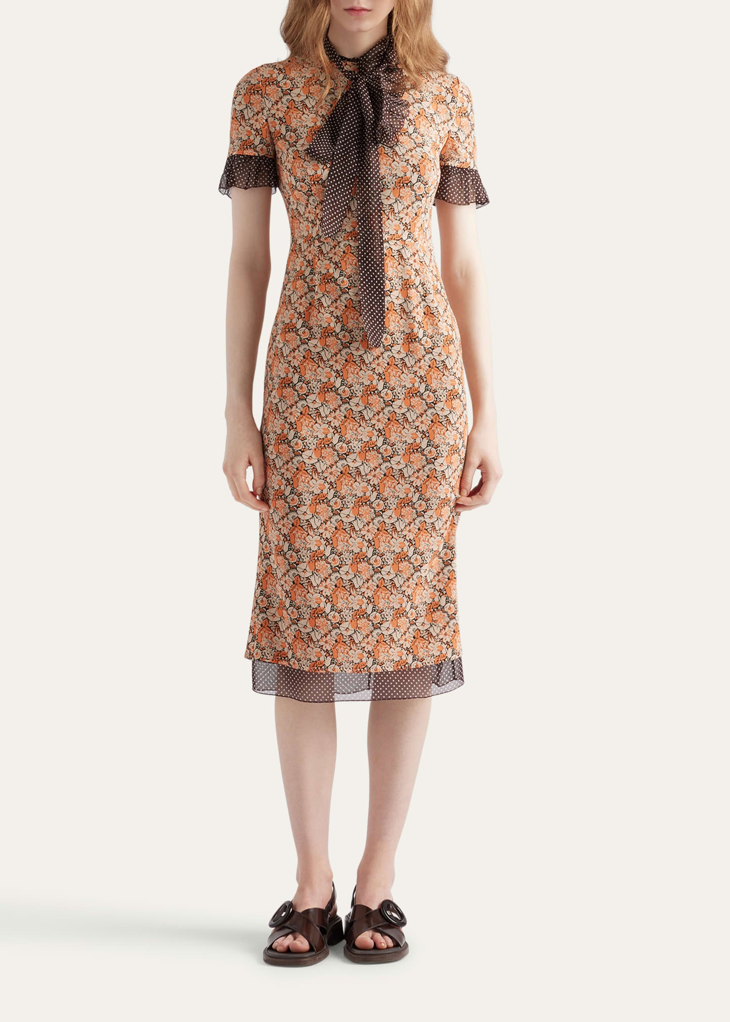 Floral Georgette And Polka-Dot Chiffon Layered Midi Dress With Bow - 2