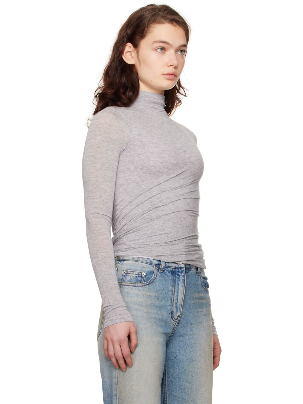 Gray Waist Shirring Turtleneck - 2