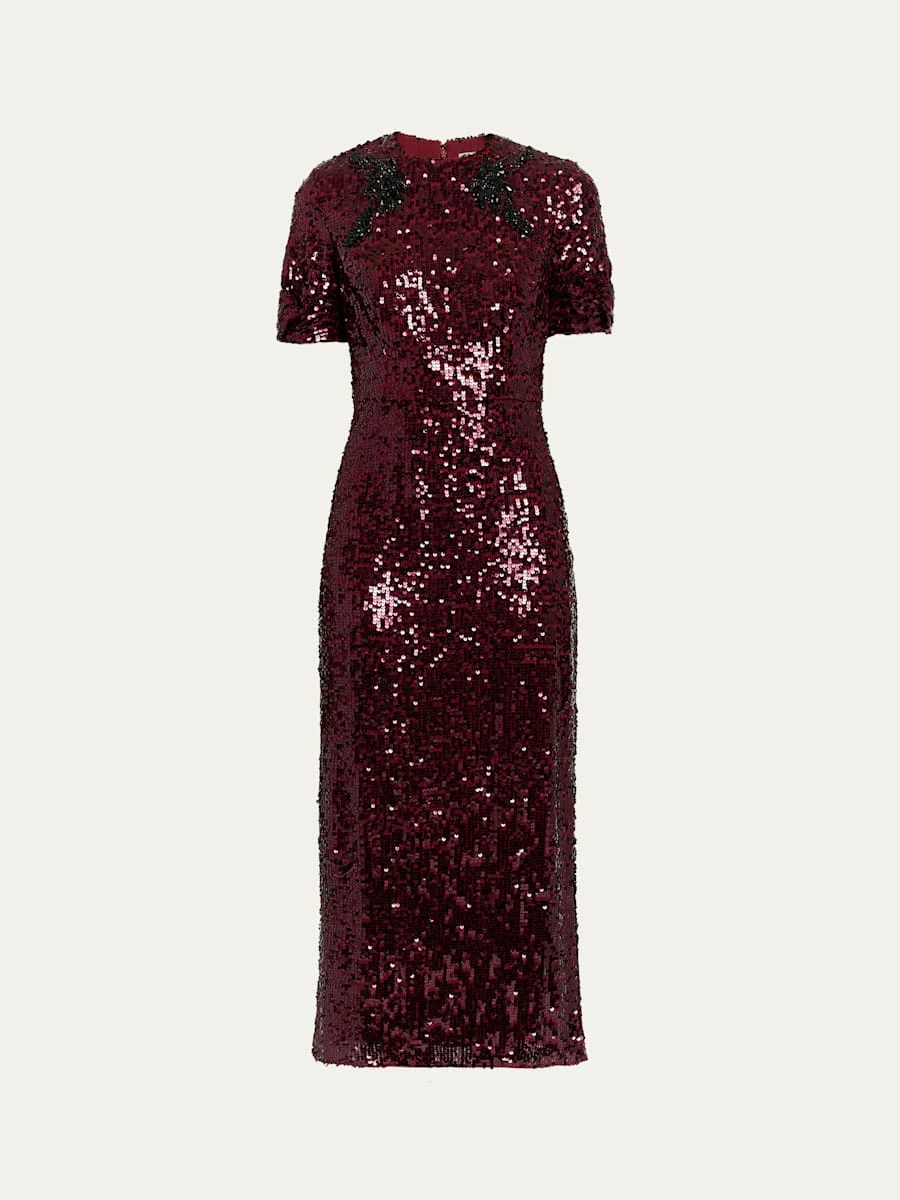 Twisted Short-Sleeve Sequined Midi Dress - 1