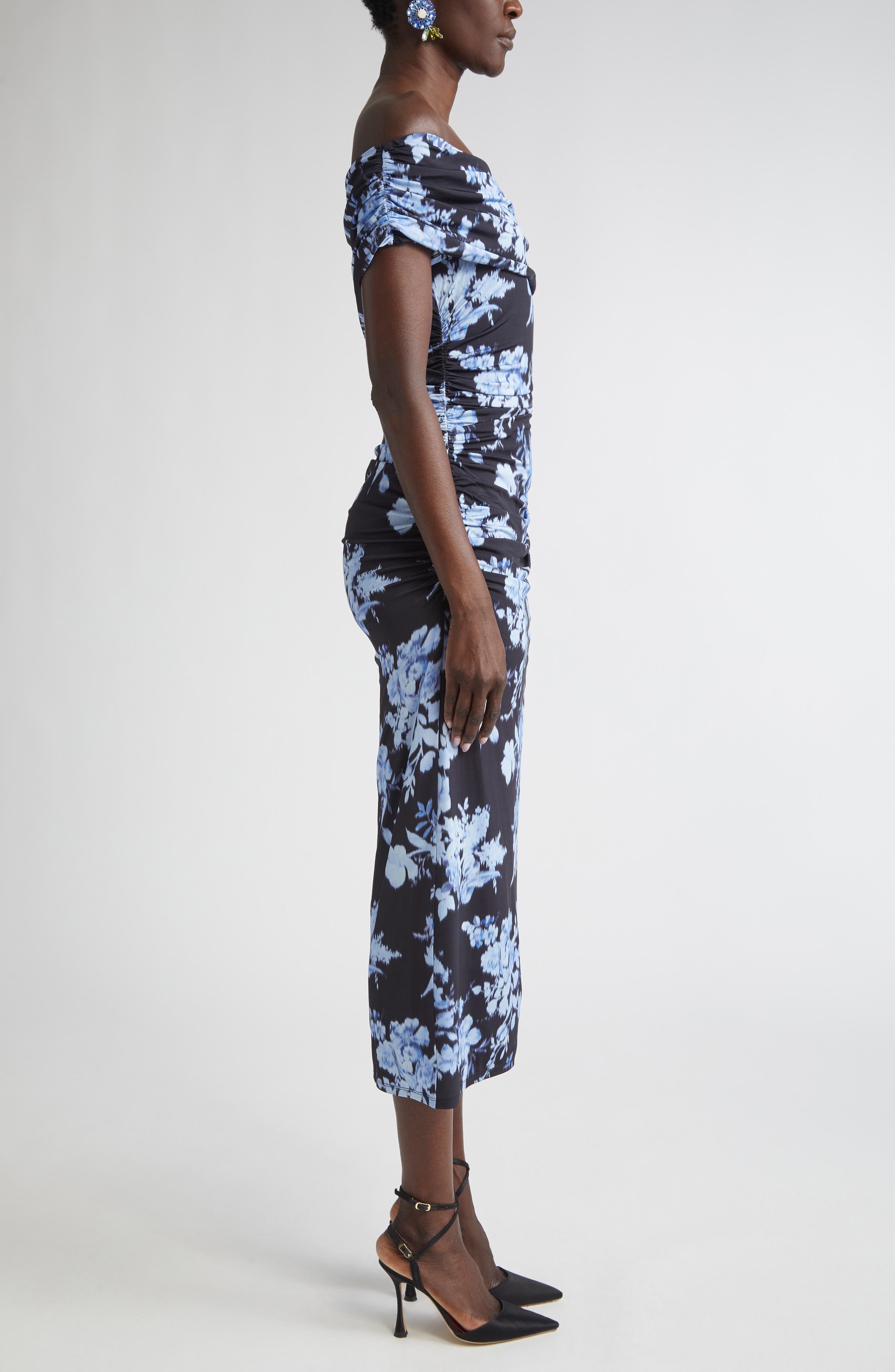 Carolina Herrera Floral Print Ruched Off the Shoulder Jersey Gown in Midnight Multi at Nordstrom - 3