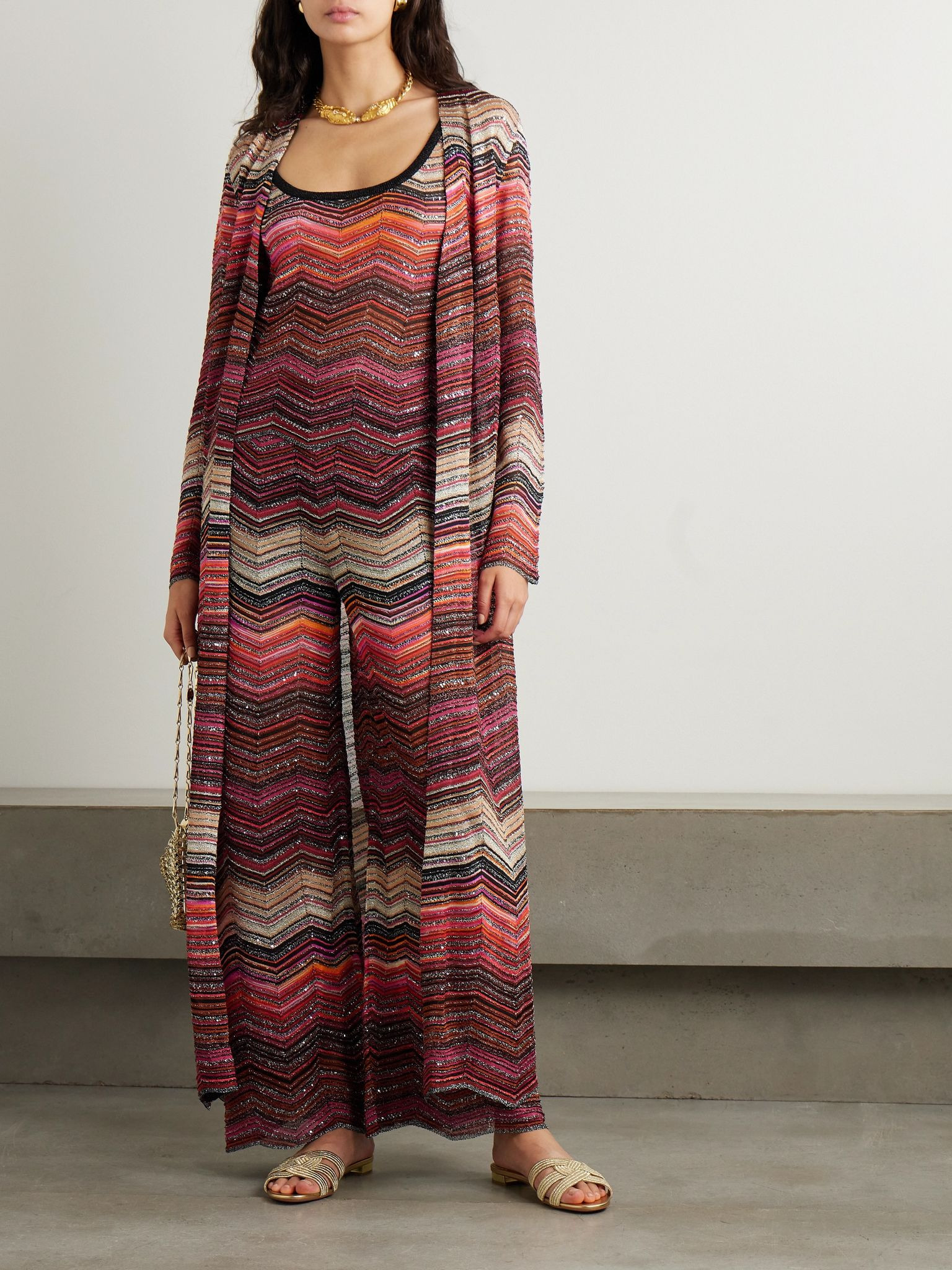 Mare sequined striped metallic crochet-knit cardigan Burgundy - 2
