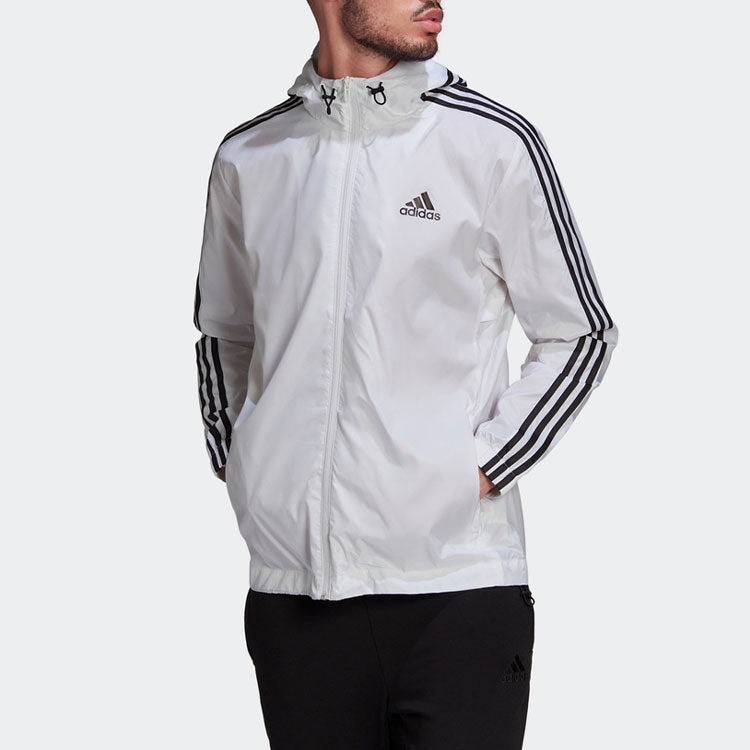 adidas Stripe Logo Micro Mark Printing Sports Training Hooded Jacket White HE4320 - 3