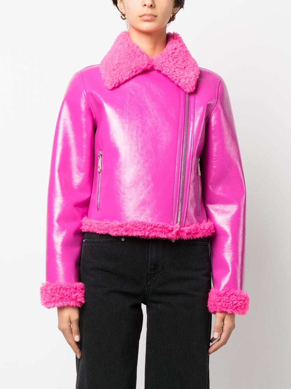 faux shearling-trim biker jacket - 3