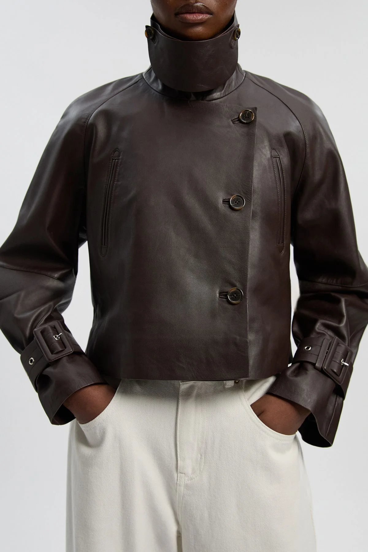 Petite Leather High Neck Crop Trench Coat - 1