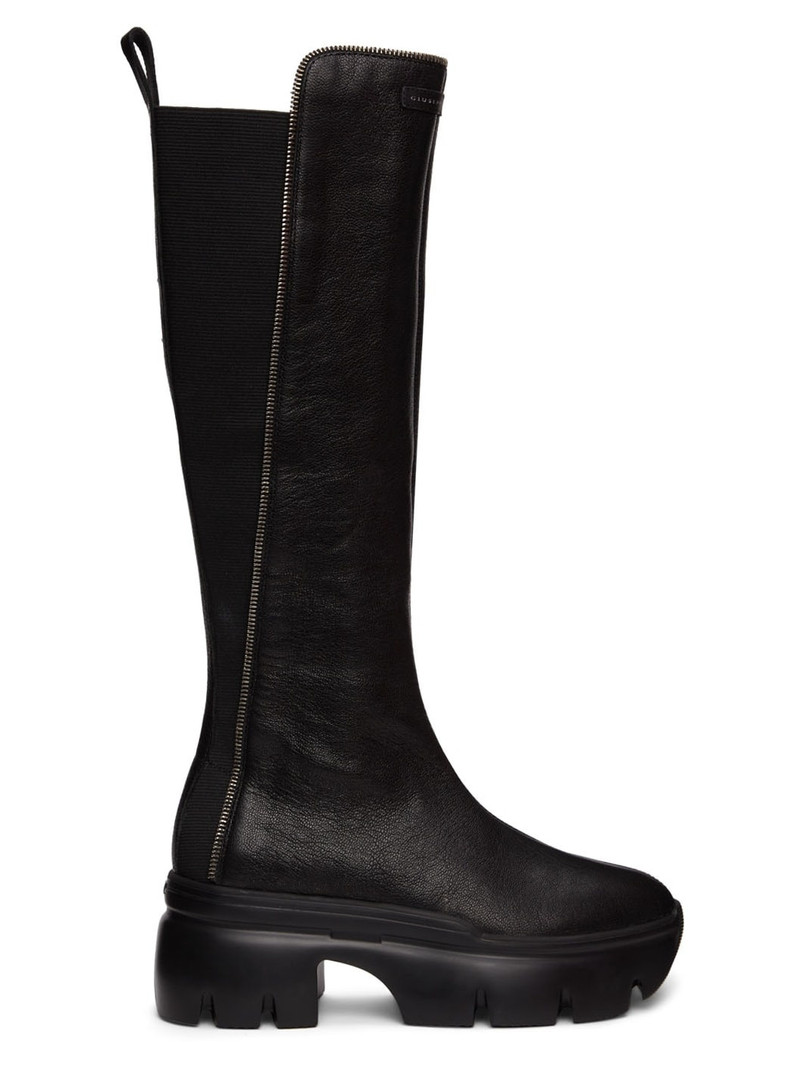 Black Leather Zip Detail Tall Boots - 1