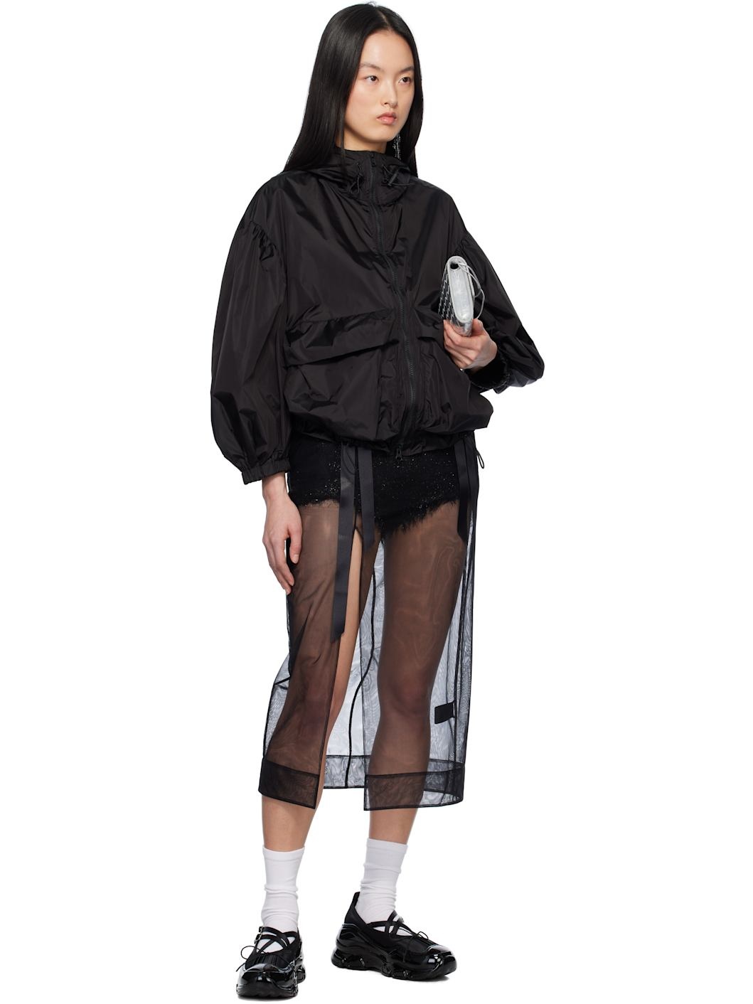 Black Cargo Flap Pocket Puff Sleeve Drawstring Jacket - 4
