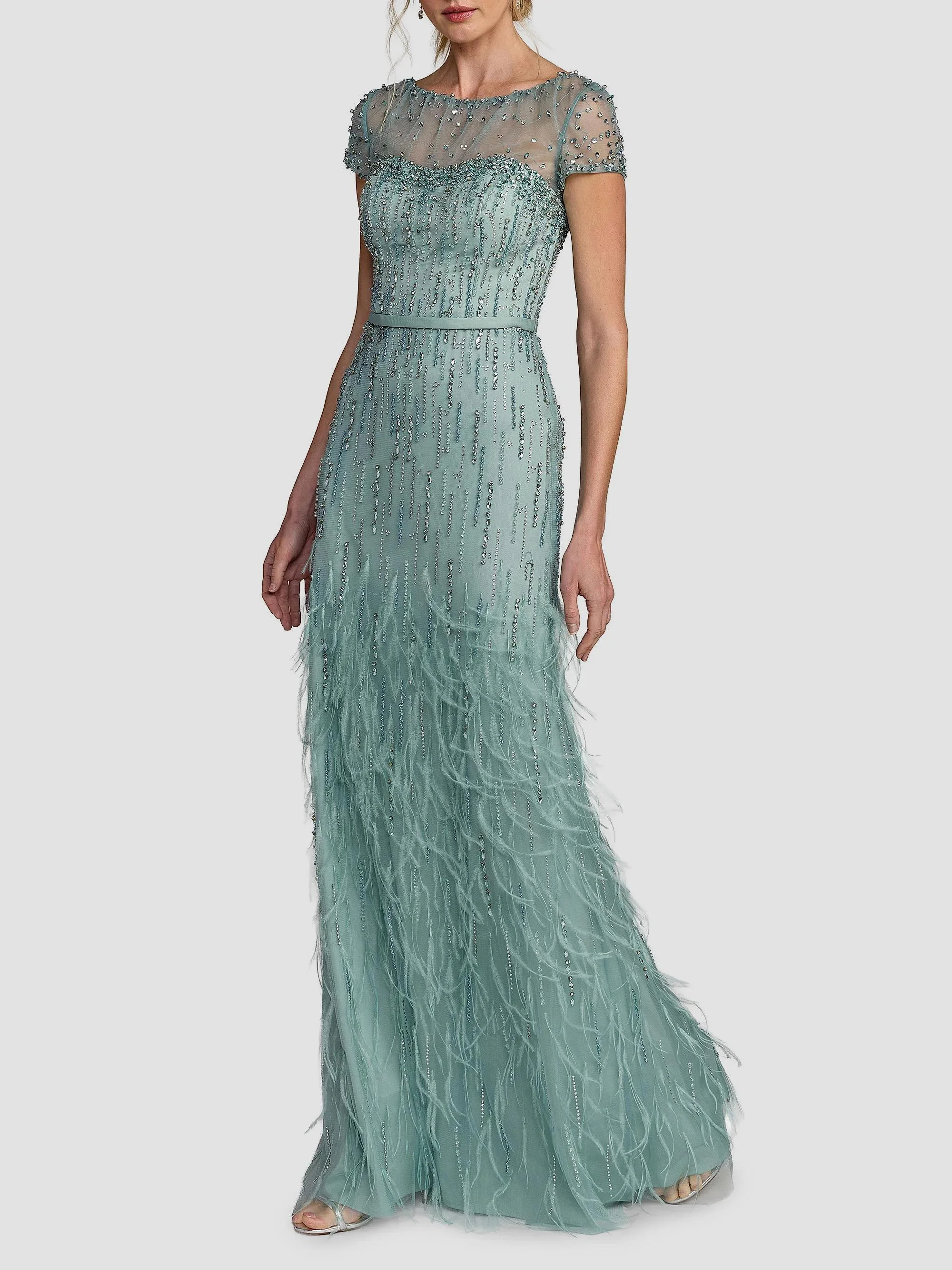 Women's Embellished Illusion Mesh A-Line Gown - Seafoam - 1
