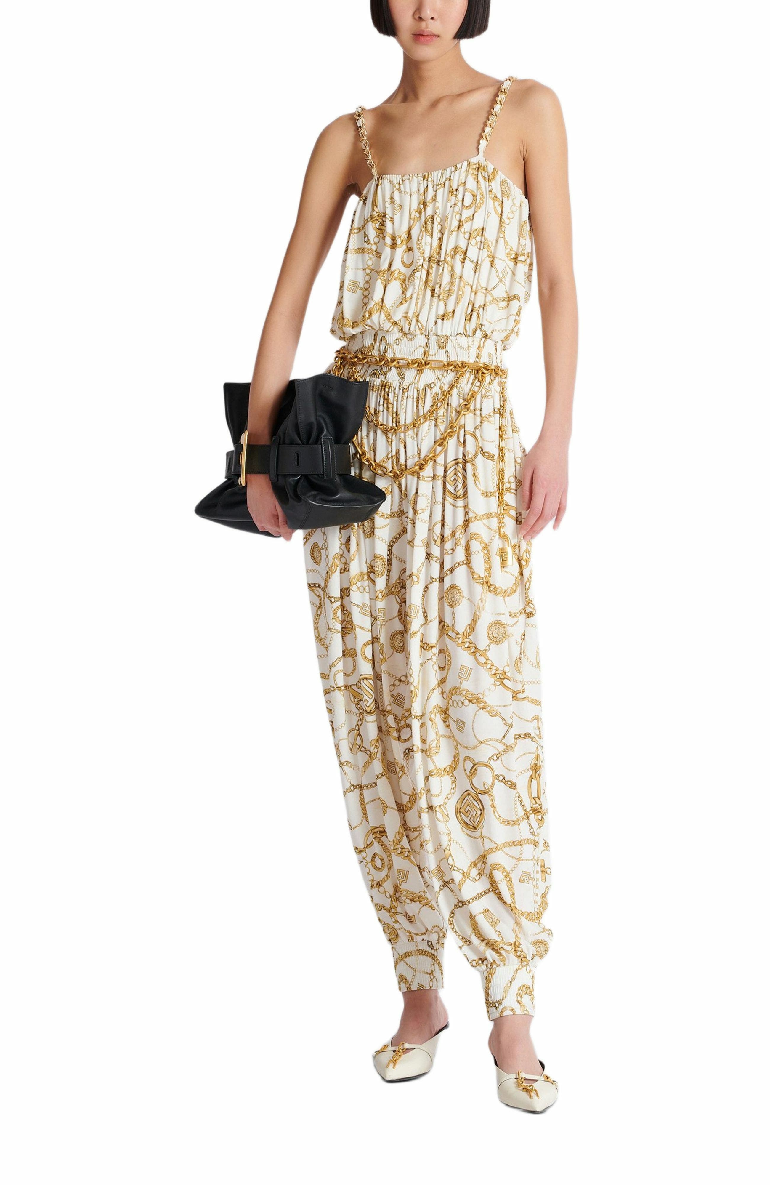 Flowing printed jumpsuit with Balmain Chains pattern in Gold at Nordstrom - 2