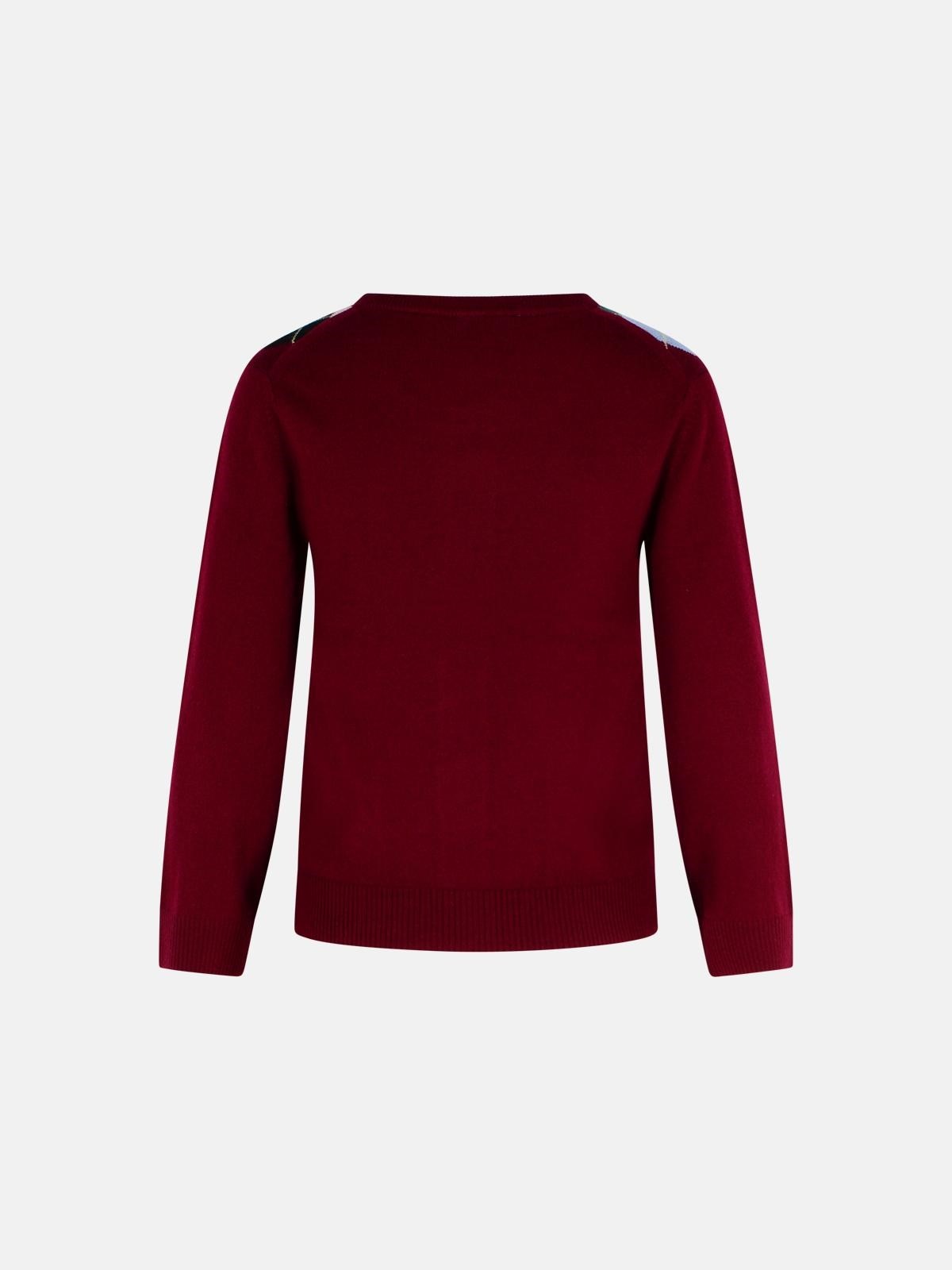 BURGUNDY MERINO WOOL BLEND CHECK CARDIGAN - 3