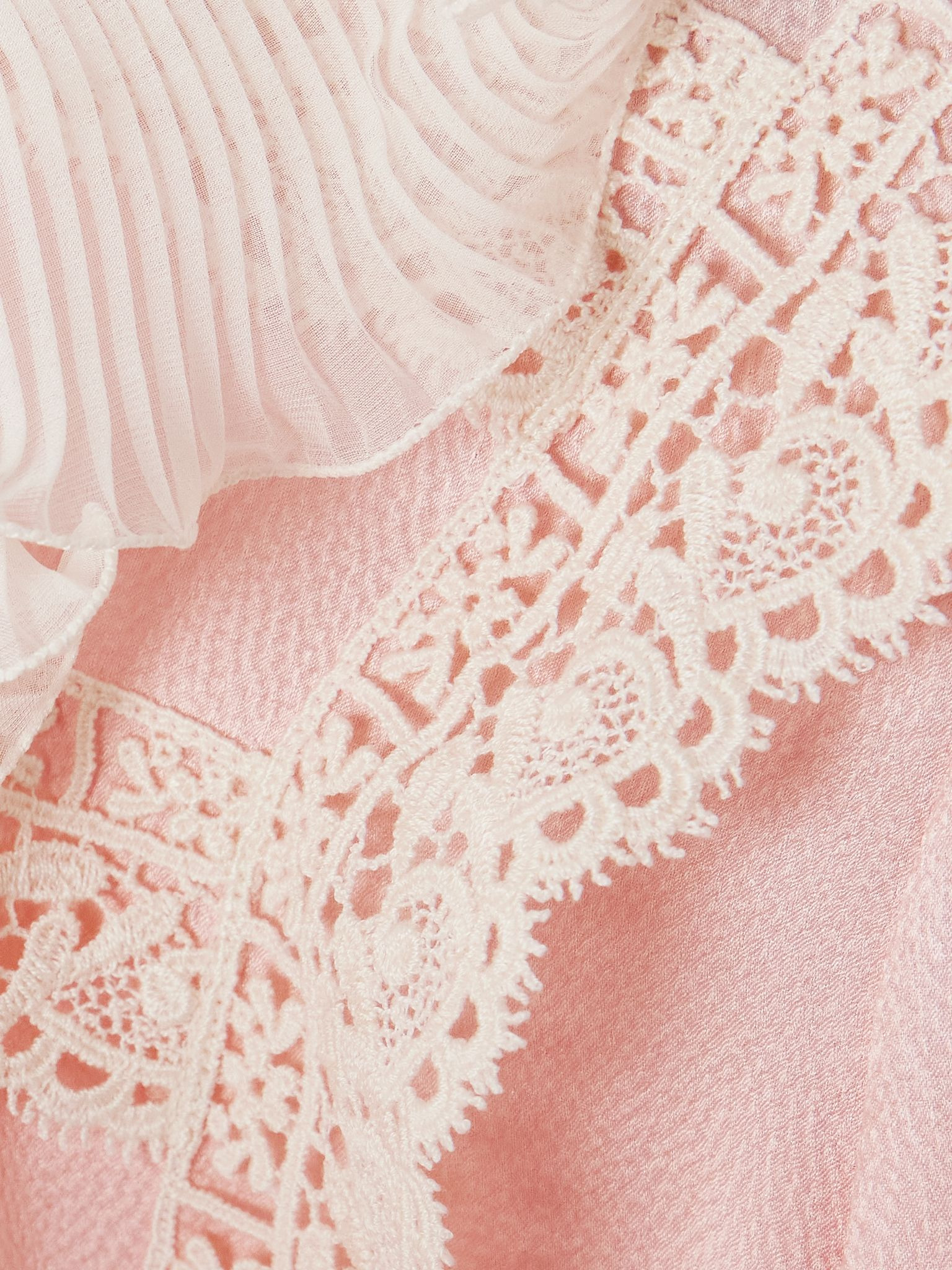 Lace and plissé chiffon-trimmed silk-crepe blouse Pink - 5
