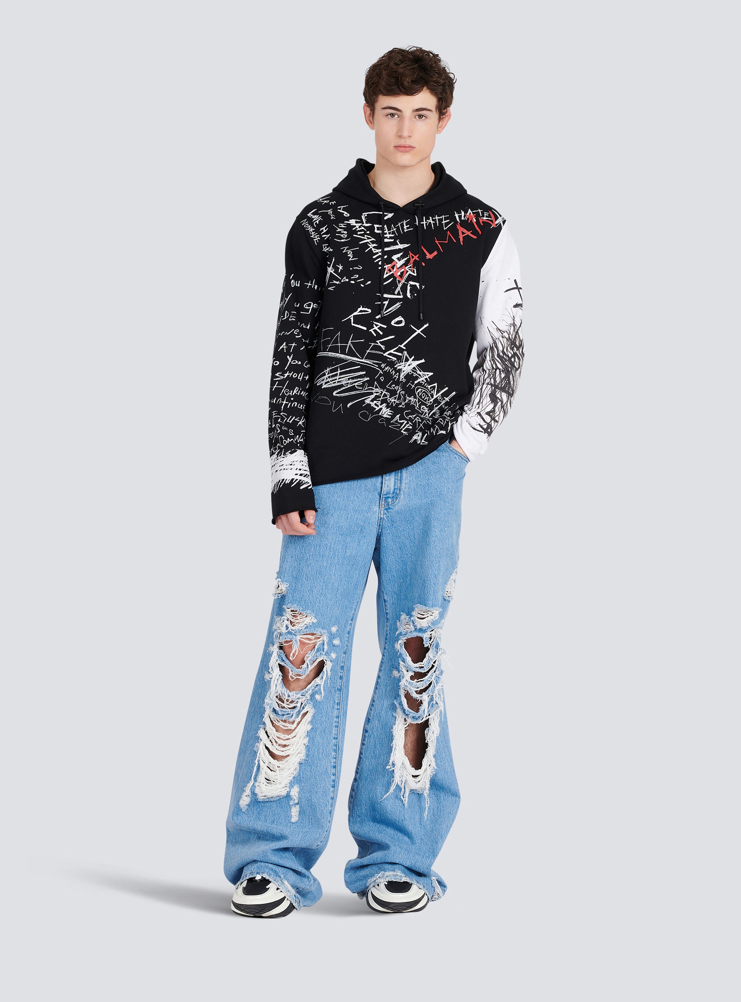 Hooded cotton sweatshirt with graffiti Balmain logo print - 2