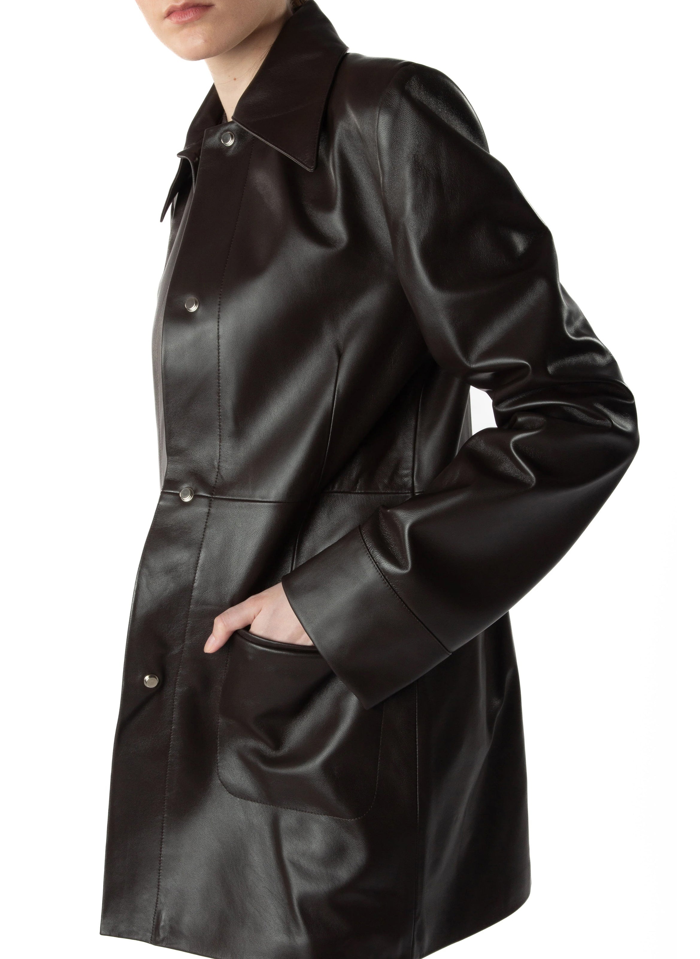 Mid Length Leather Coat - 5
