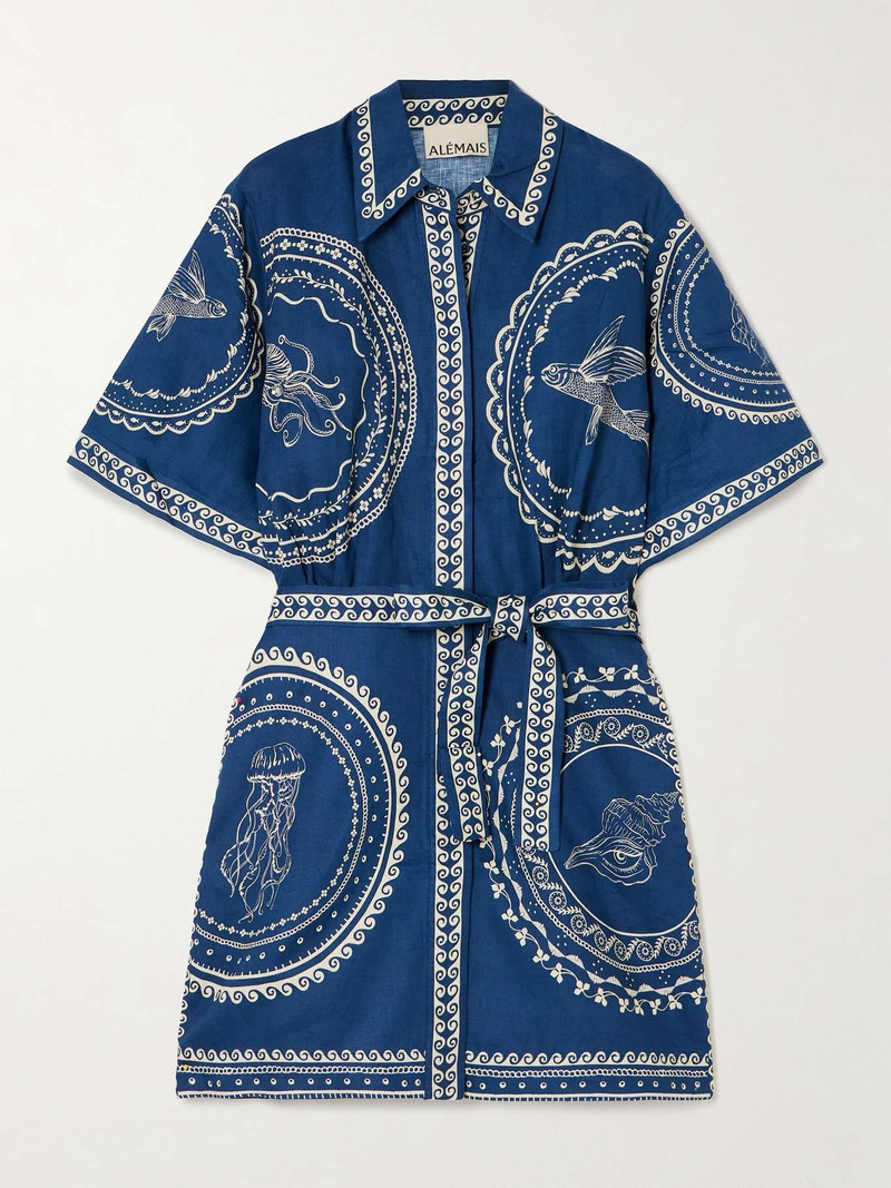 Oceane belted printed linen mini shirt dress Navy - 1