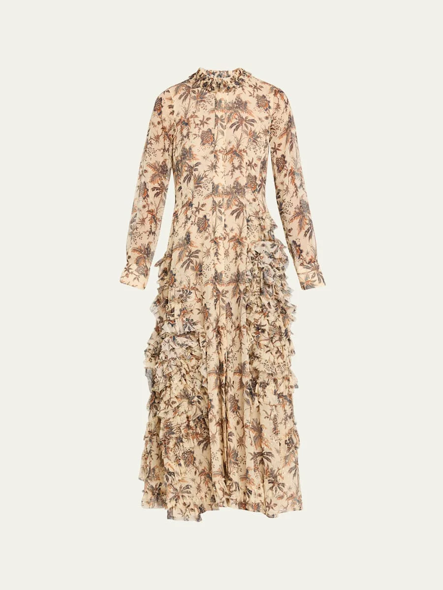 Rhea Botanical Metallic Chiffon Shirtdress with Ruffle Skirt - 1