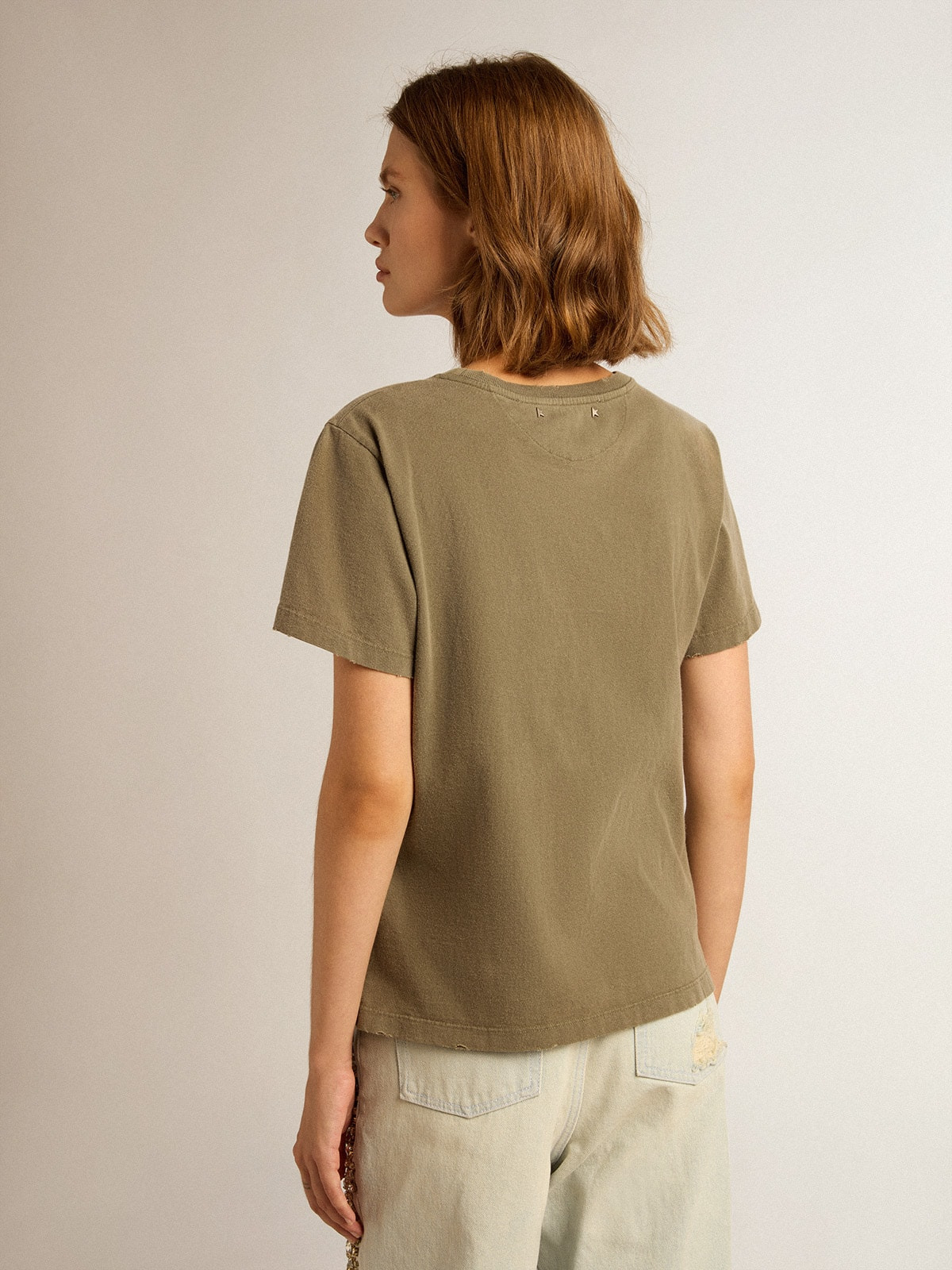Women's olive green T-shirt with Golden lettering - 4