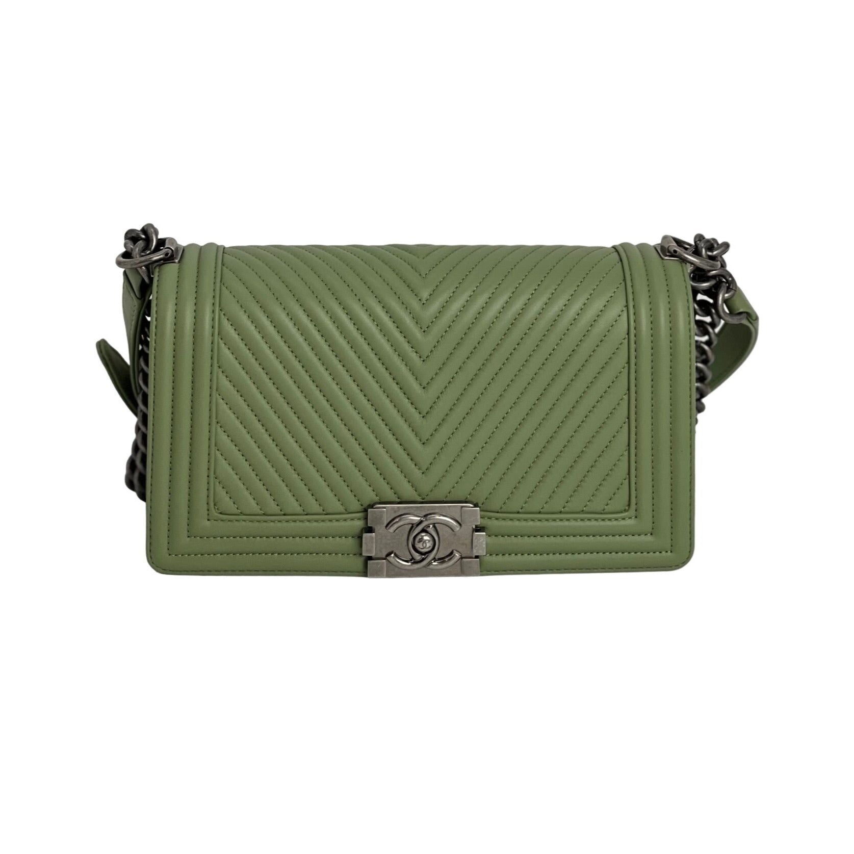 Chanel Calfskin Chevron Quilted Medium Boy Flap Light Green Bag - 17
