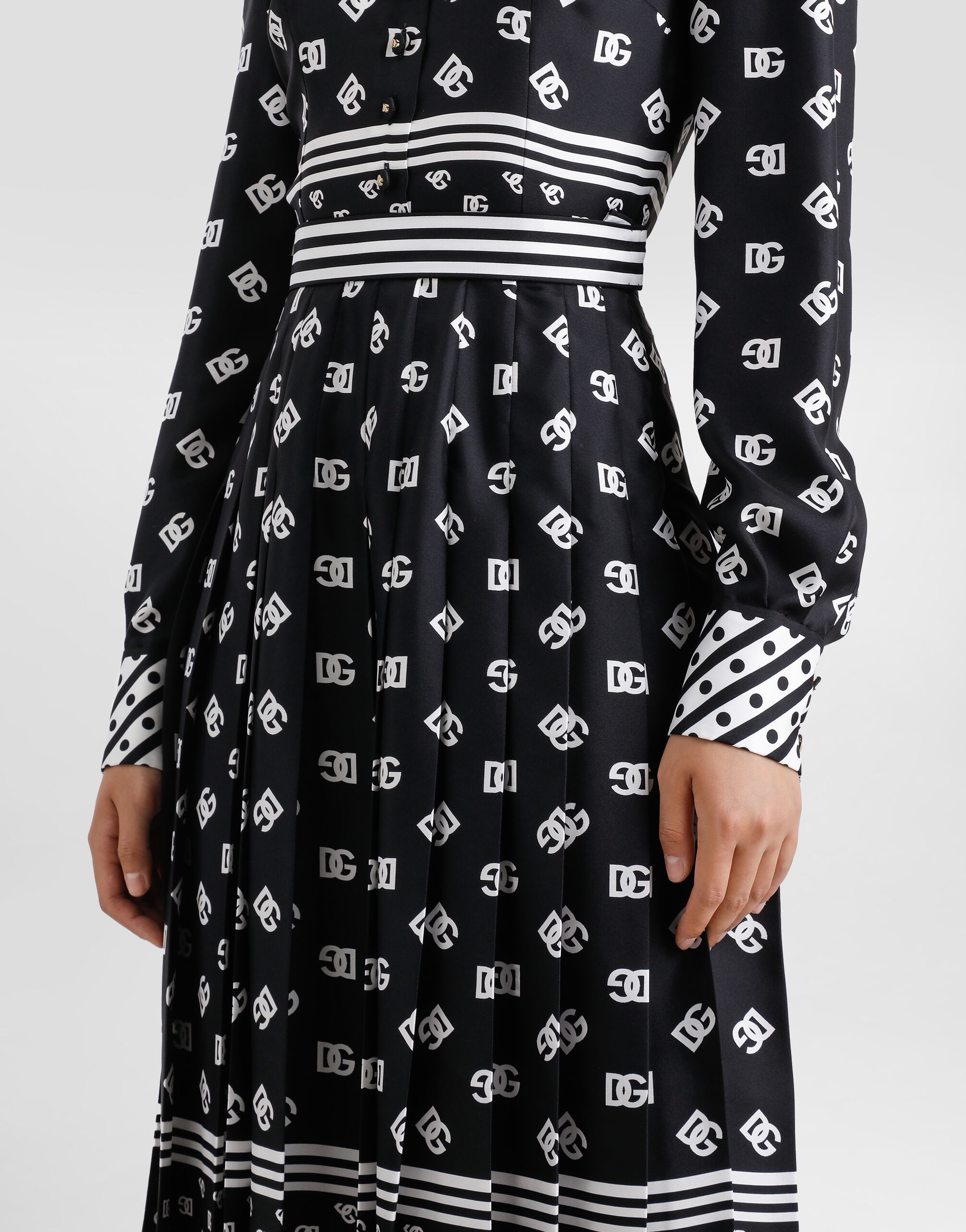 Twill calf-length shirt dress with all-over DG logo scarf print - 4