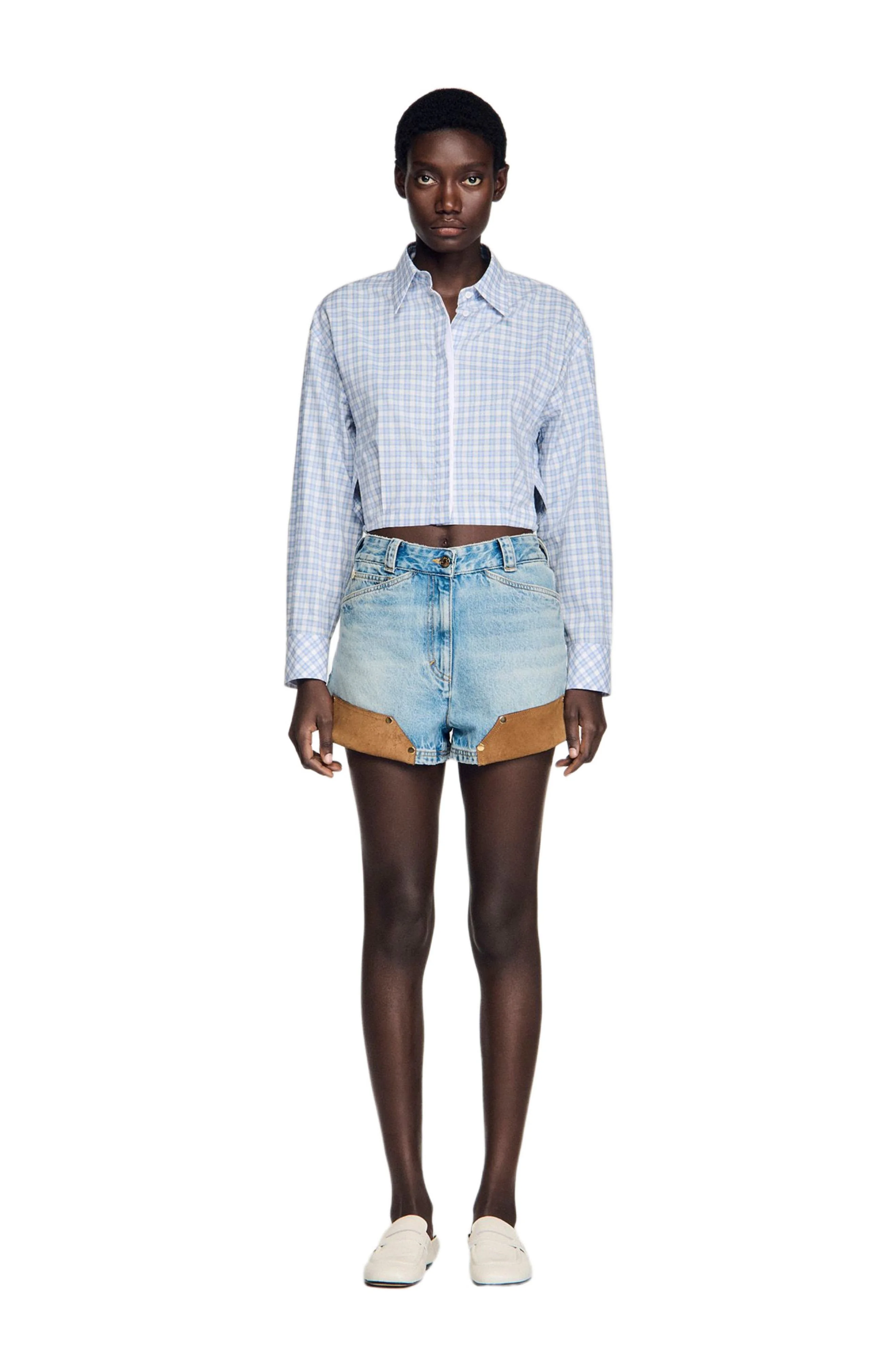 SANDRO Riveted denim and suede shorts in Light Bu Jean at Nordstrom - 1