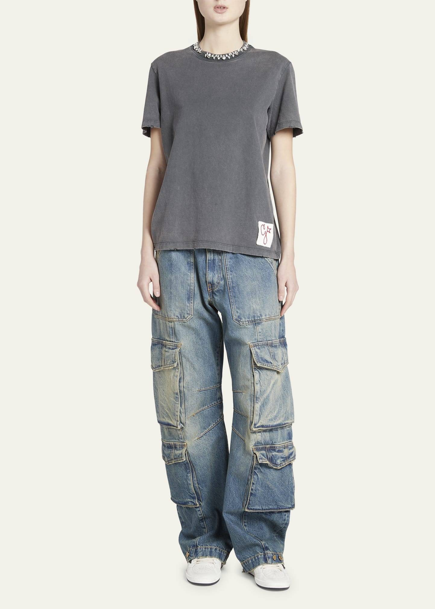 Distressed Crystal Emrboidered Crewneck Tee - 2