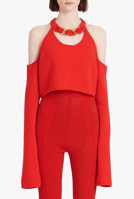 Cropped red knit sweater - 5