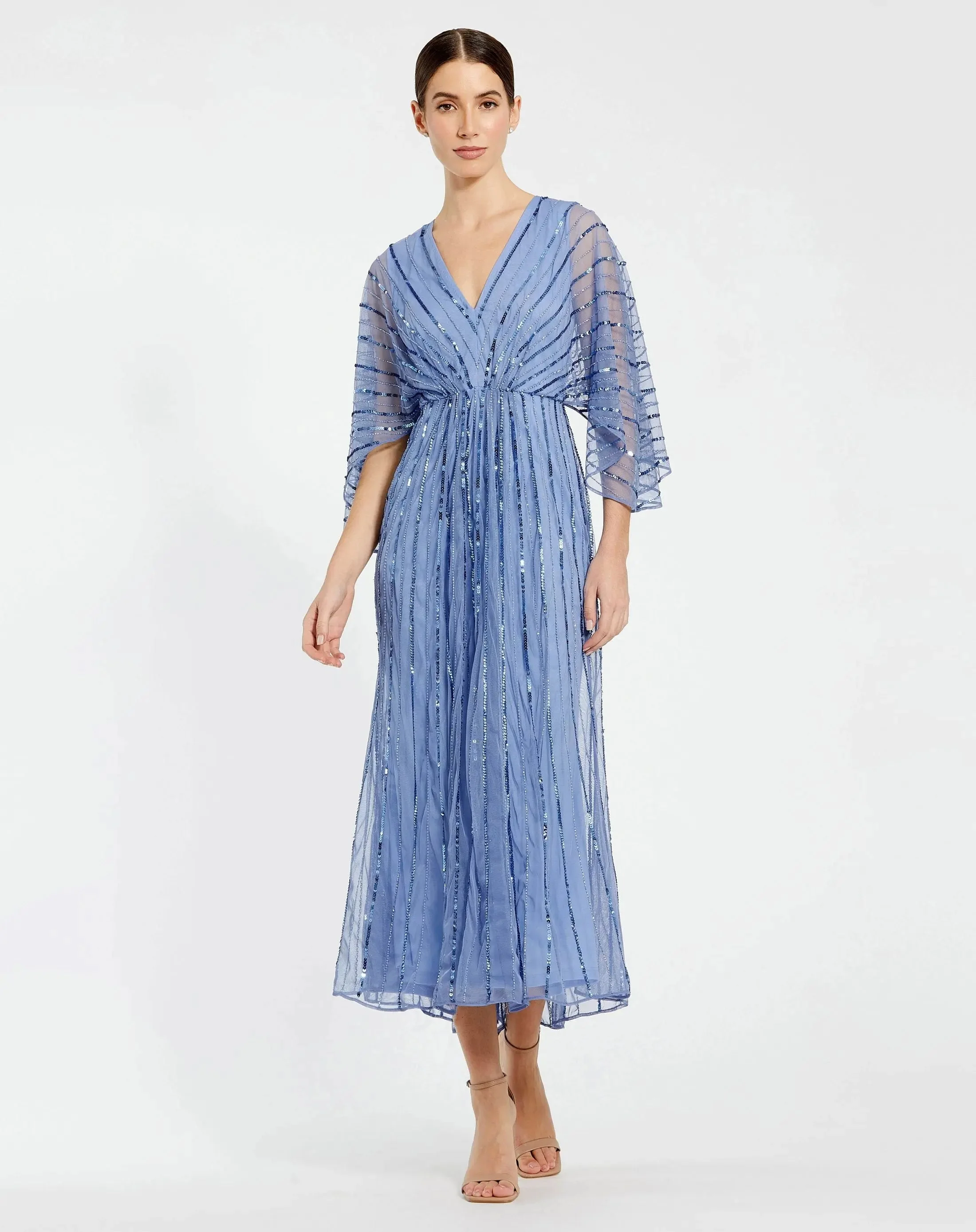 Blue Beaded Kimono V-Neck Empire Midi Dress - 1