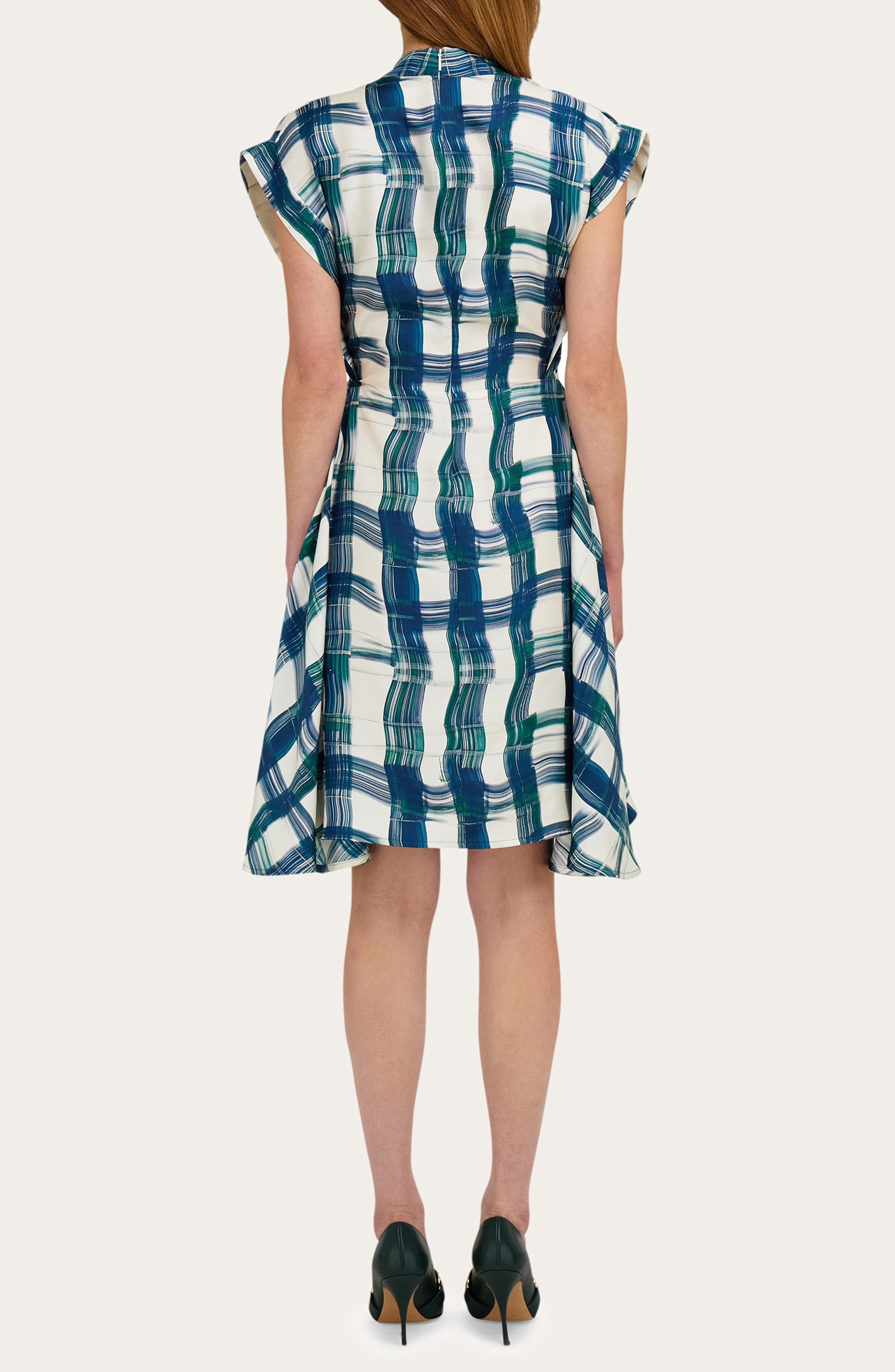 FERRAGAMO Brushstroke Tartan Silk Dress in New Navy/Moss at Nordstrom - 2