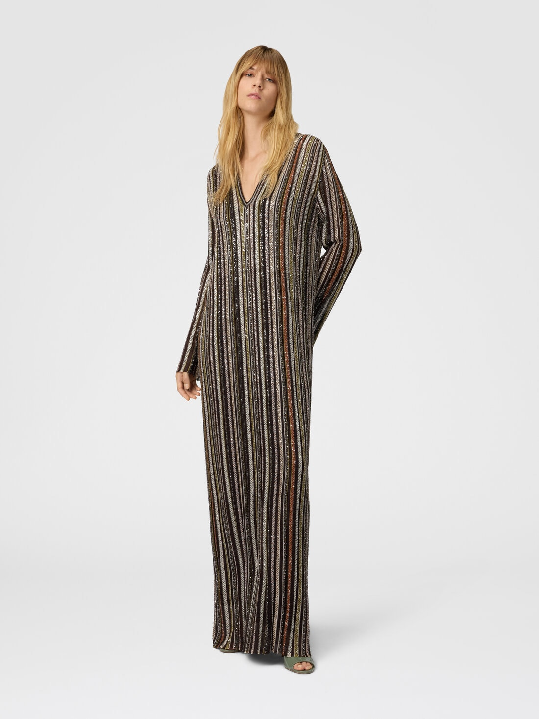 Long Dress with V-Neck and Herringbone Stripe Knit - 2