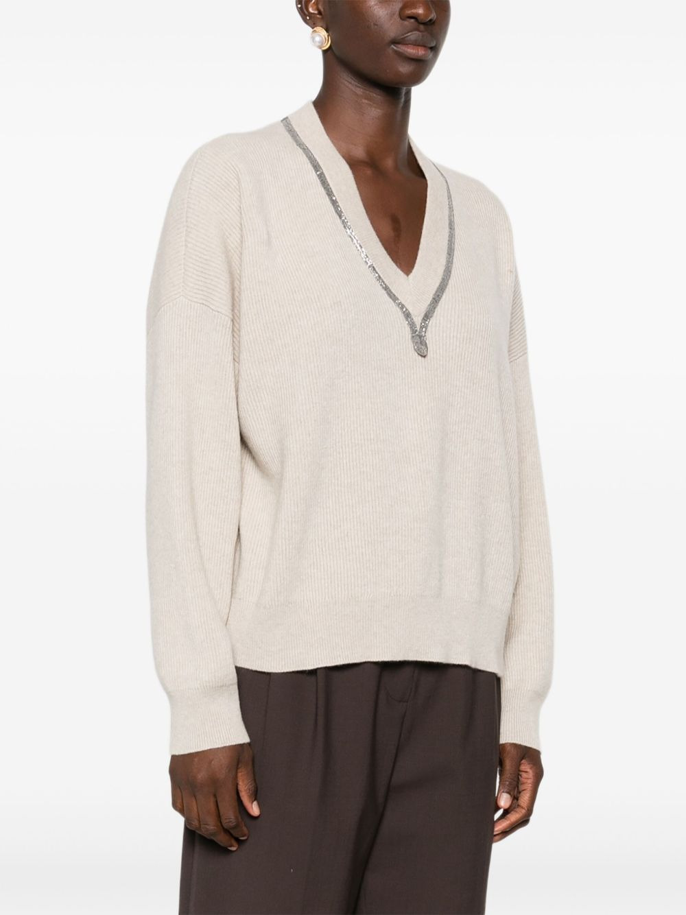 crystal-embellishment V-neck sweater - 3