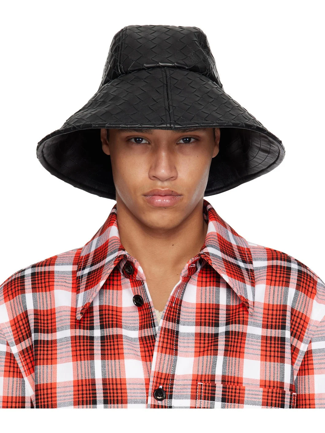 Black Intrecciato Leather Bucket Hat - 1