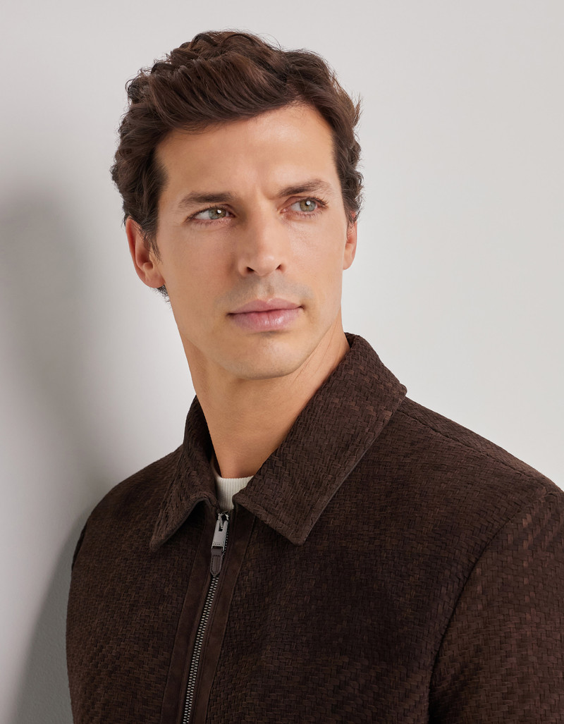 CARAMEL MIXED-MATERIAL ULTRALIGHT SUEDE BOMBER JACKET WITH KNIT INSERTS 60