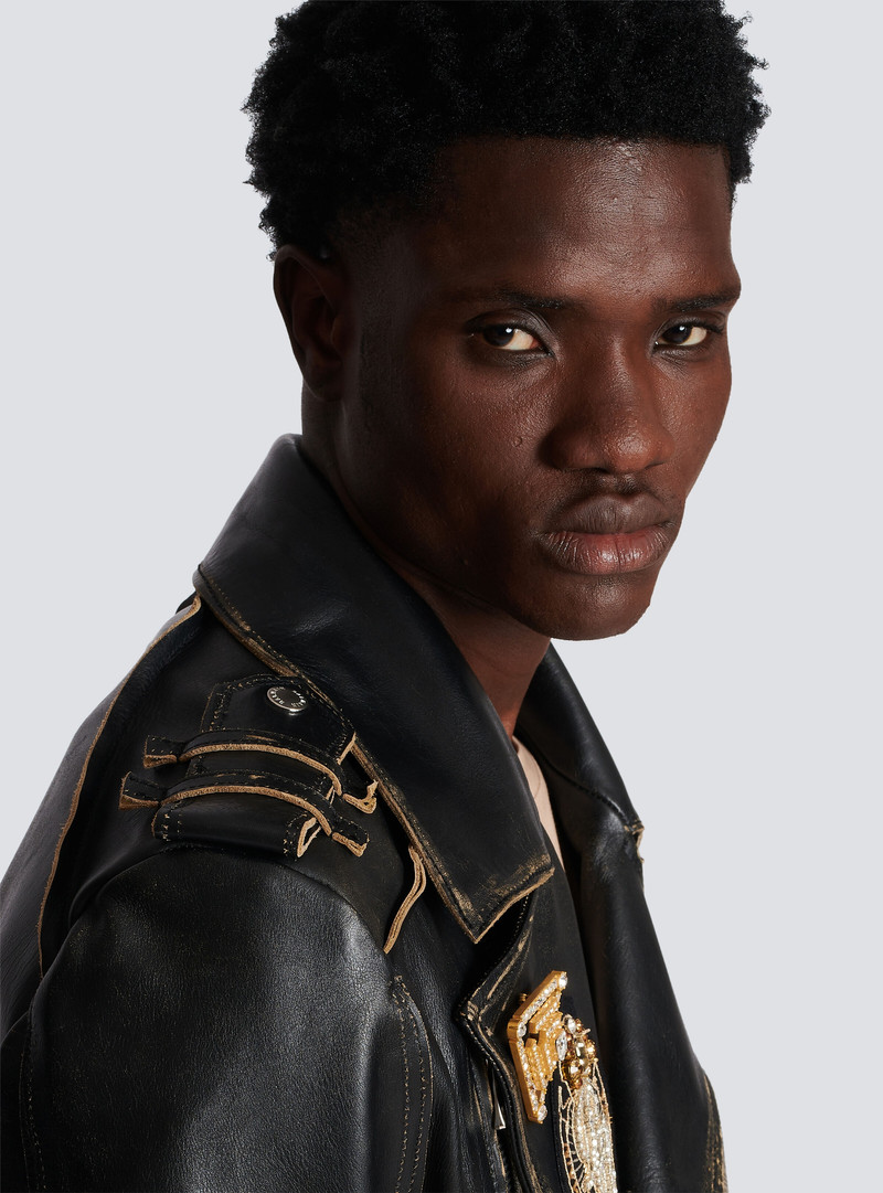 Leather biker jacket with embroidered badges 8