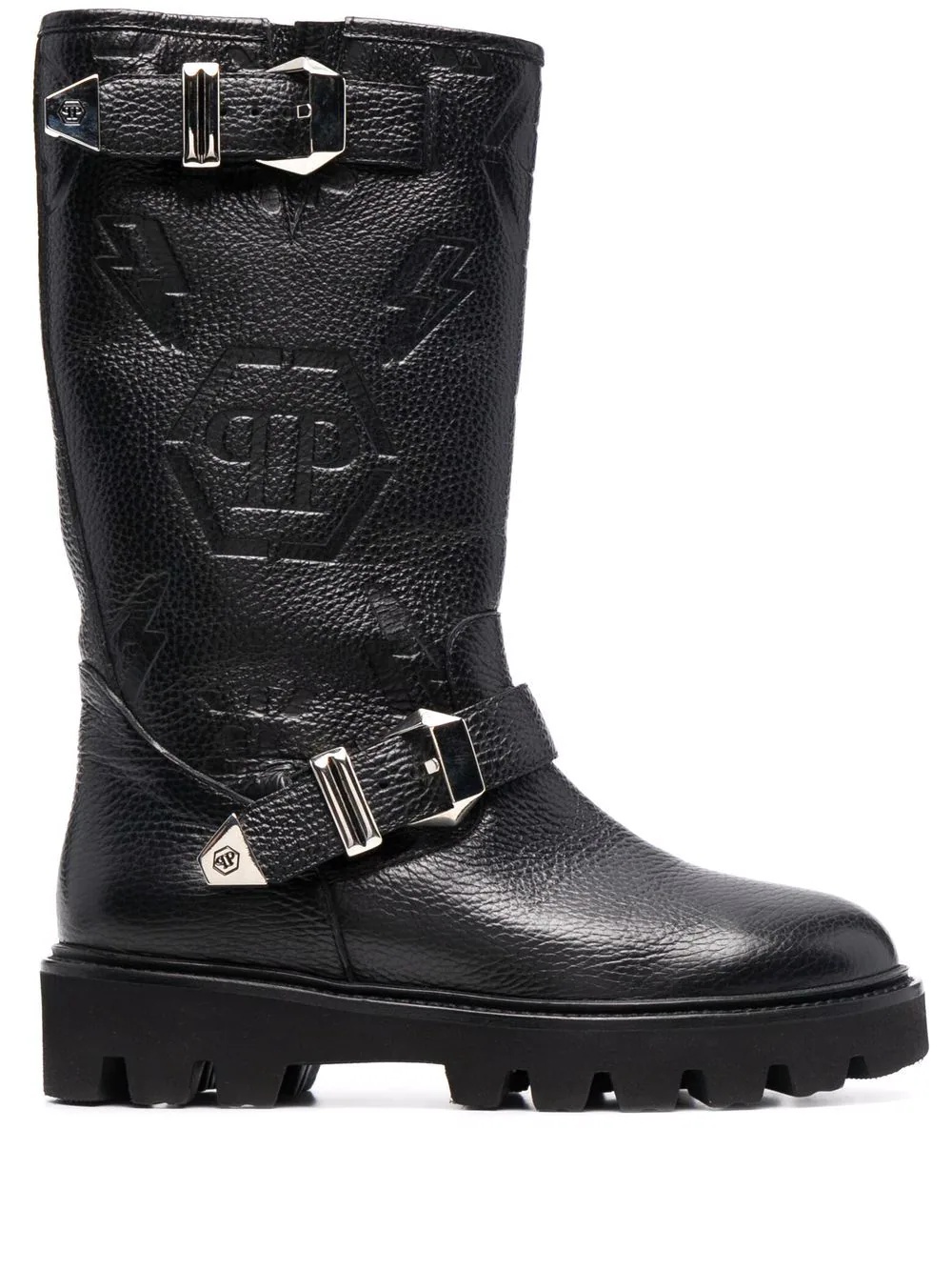 Biker monogram-debossed leather boots - 1