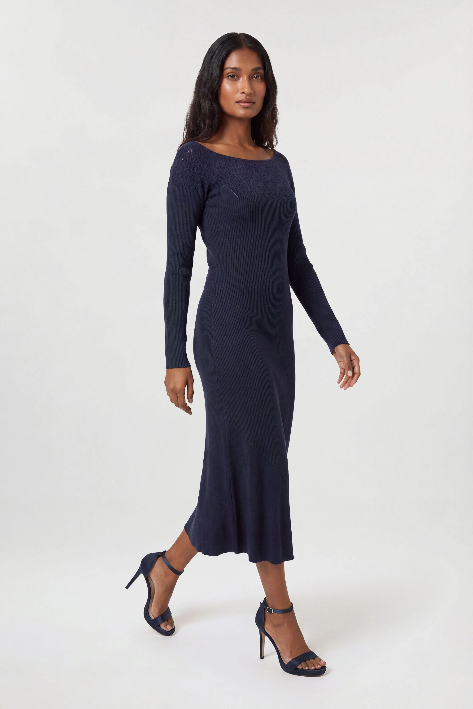 Pointelle Knit Panelled Bardot Midi Dress - 1