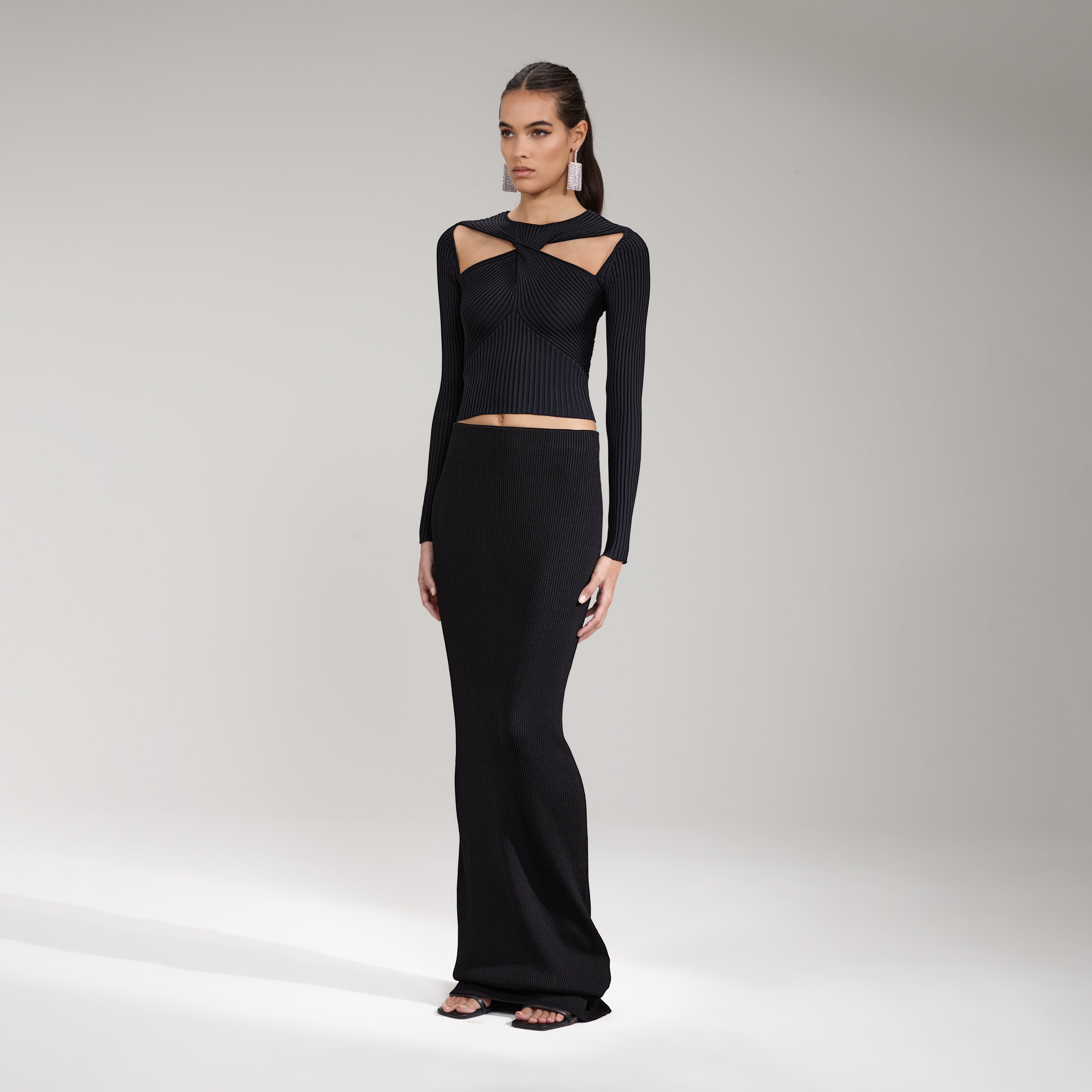 Black Ribbed Knit Cut Out Top - 2