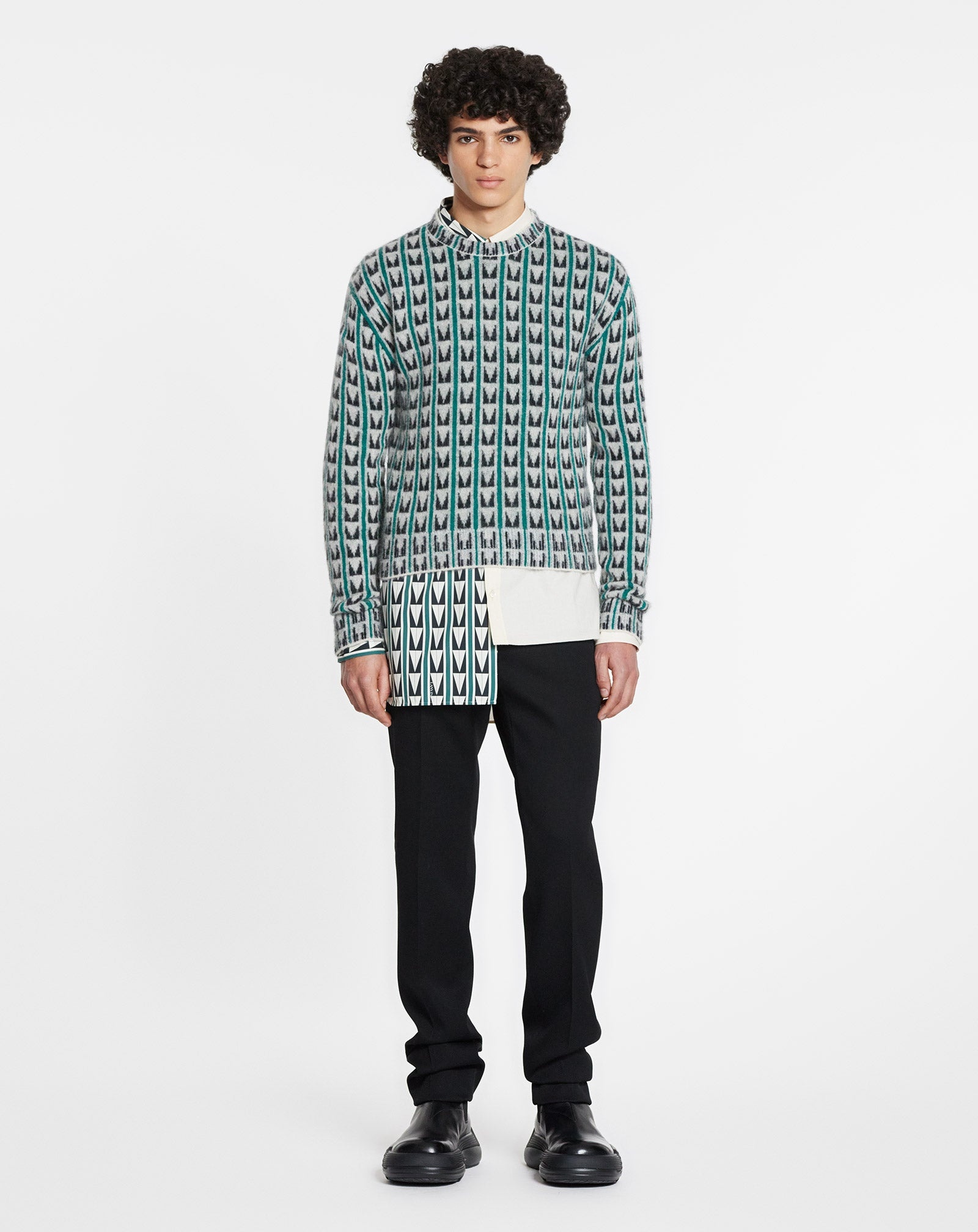 ROUND NECK JACQUARD SWEATER WITH ART DECO-INSPIRED TRIANGLES - 2